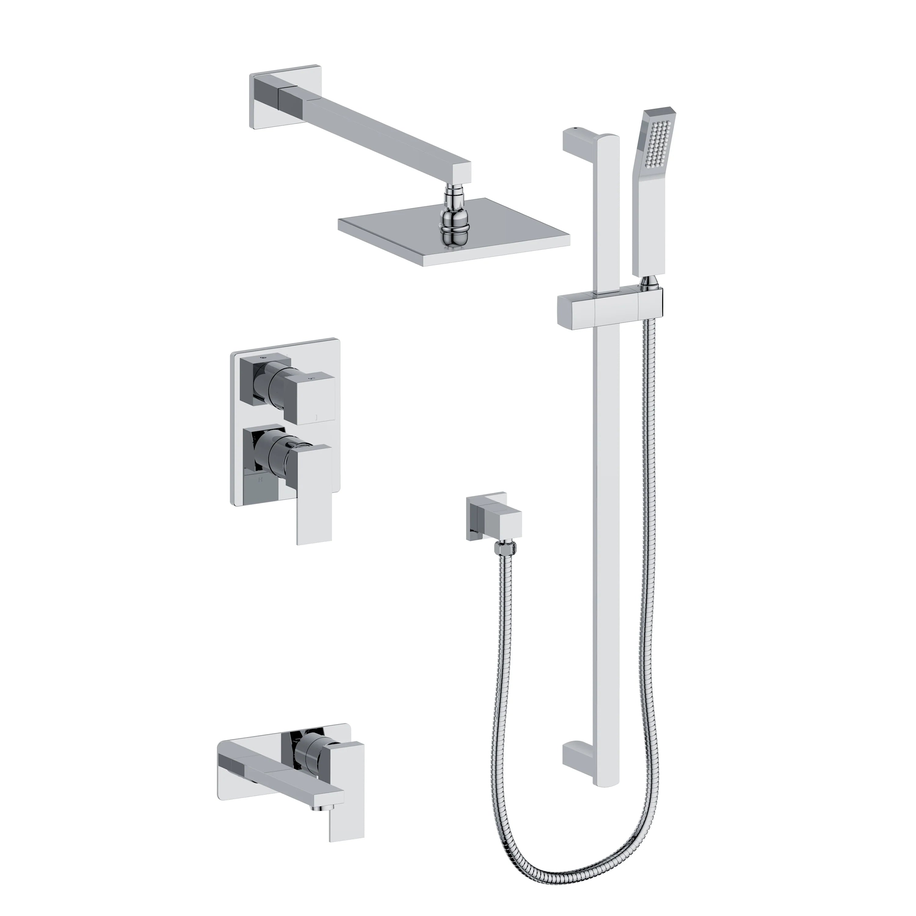 Chrome shower system with overhead shower, handheld unit, hose, and control valves