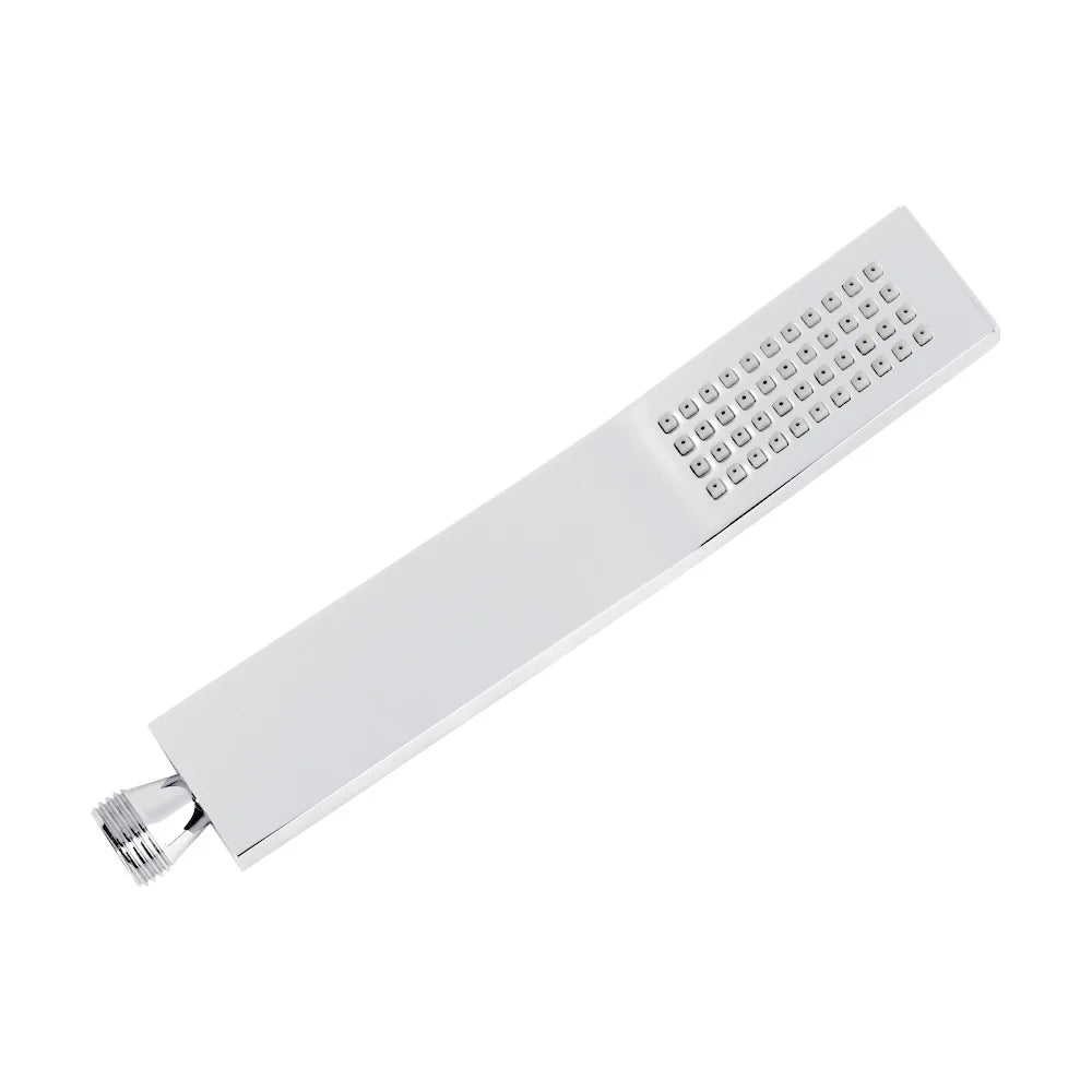 Chrome oversized rectangular rain shower head, 16-inch size, with arm fitting.