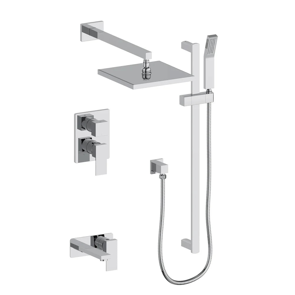 3D view of chrome shower system with rain head, handheld sprayer, hose, and valves.