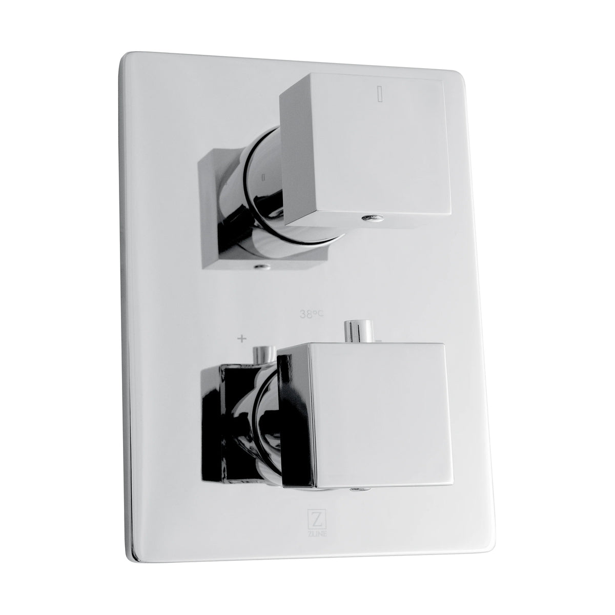 Chrome thermostatic shower valve with dual control handles and square plates