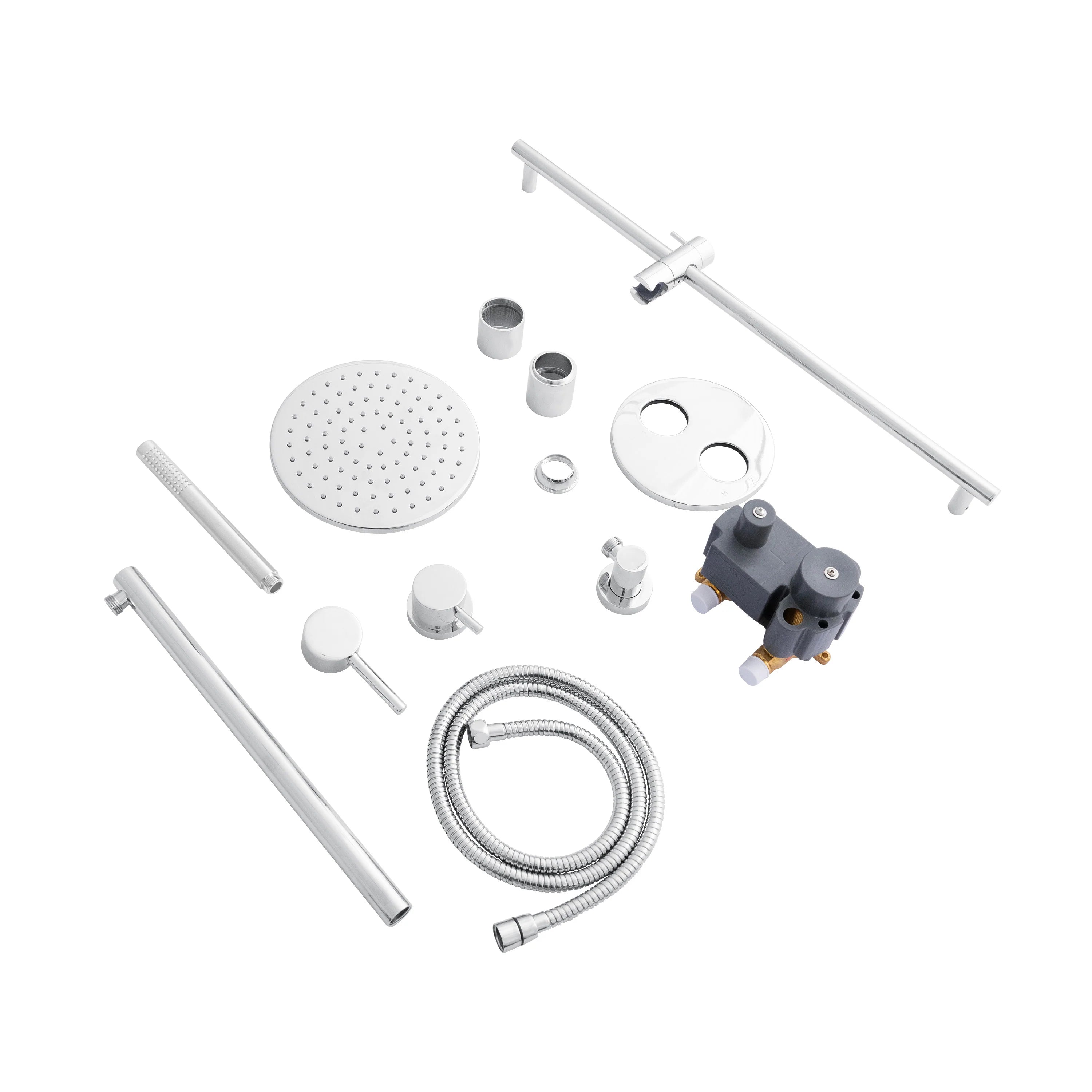 Chrome shower faucet trim set with showerhead, hand shower, hose, and control parts