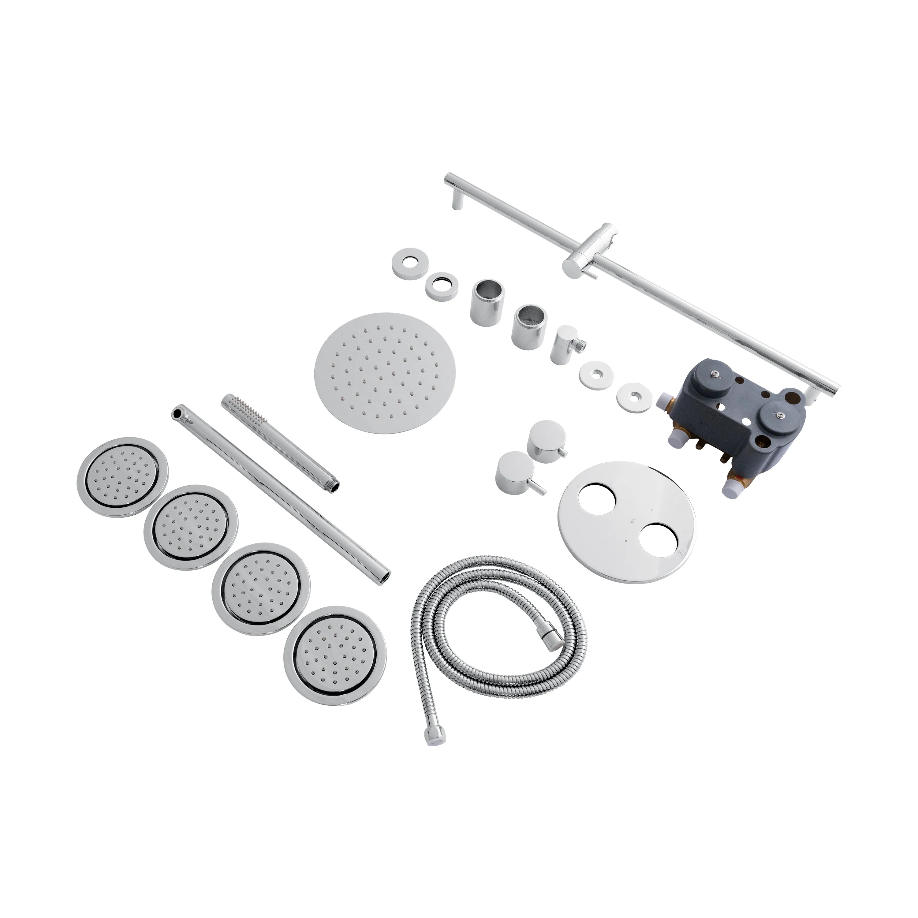 Chrome shower system parts set: rainfall head, hand shower, body jets, hose, and valves