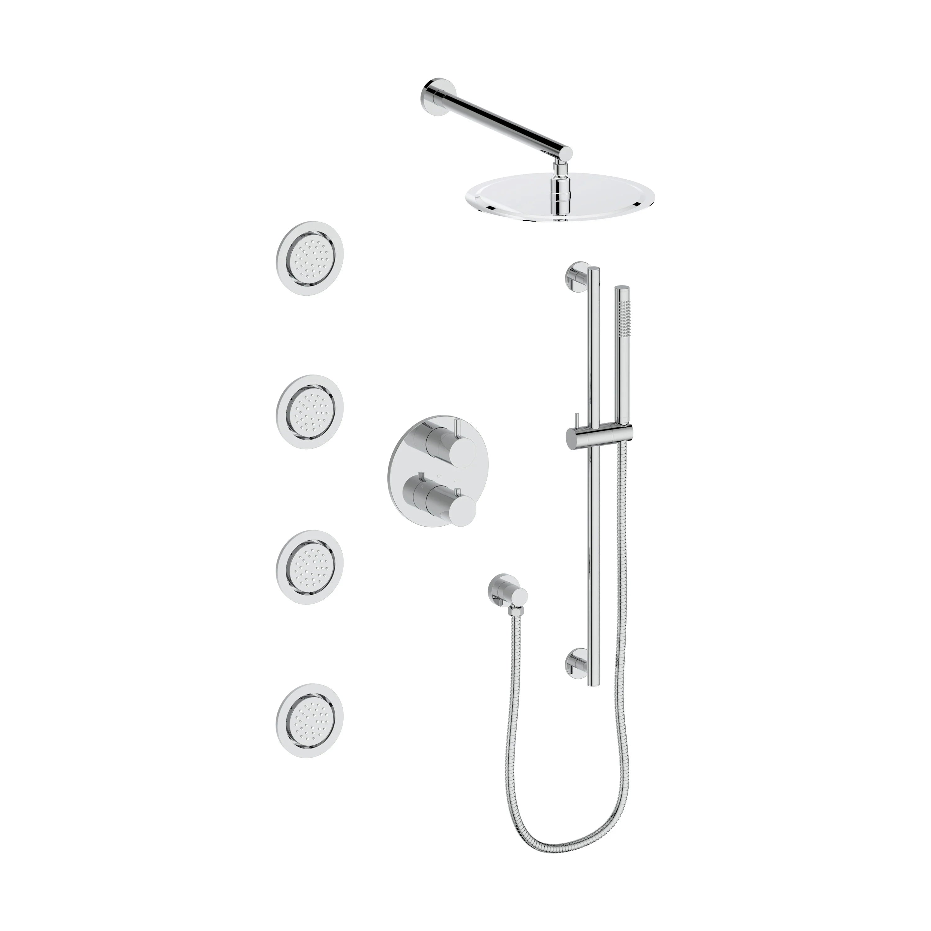 Chrome shower system with rainfall head, hand shower, and three body jets