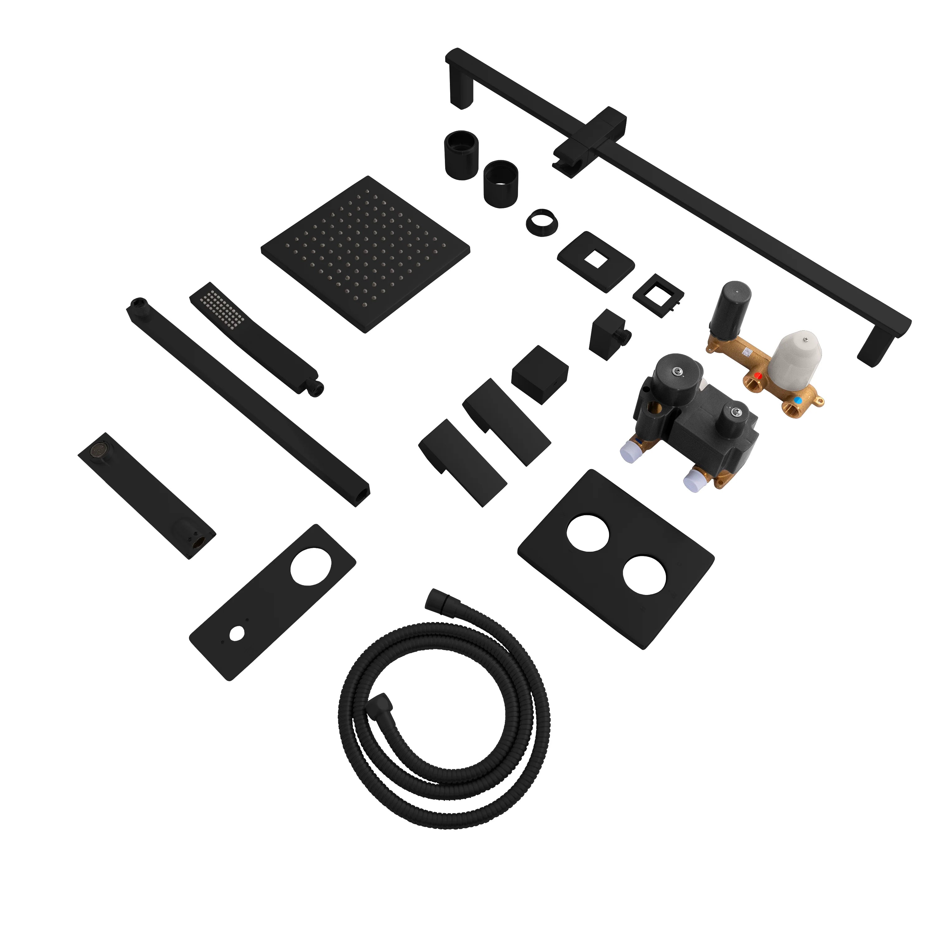 Matte black shower system components set with shower bar, hose, and showerhead