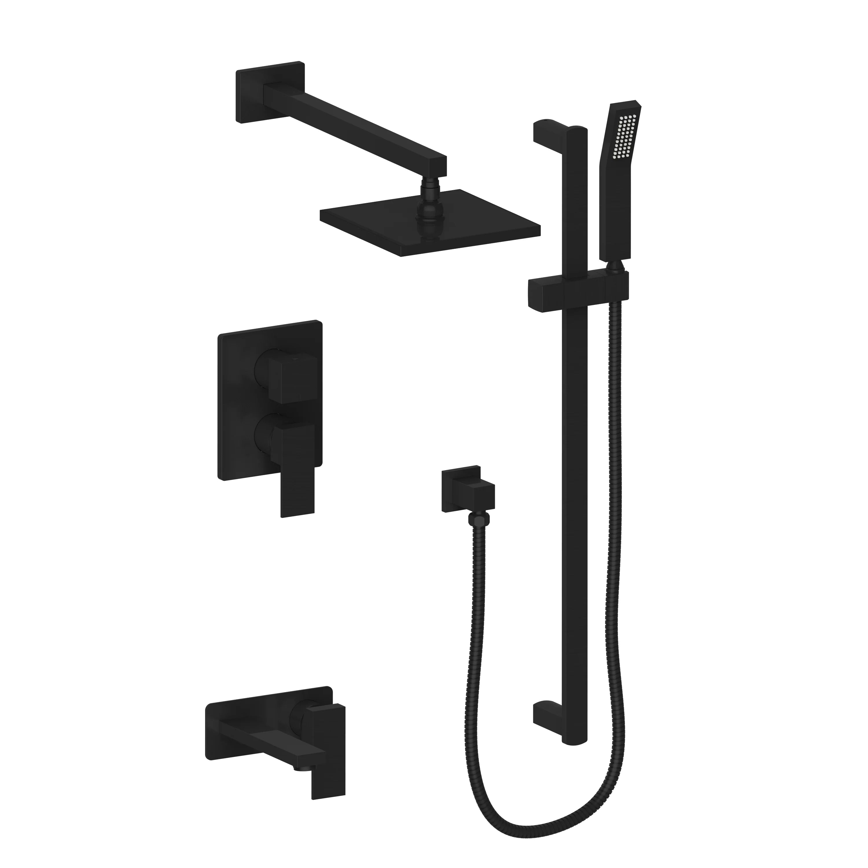Matte black shower faucet set with controls, handheld, and flexible hose
