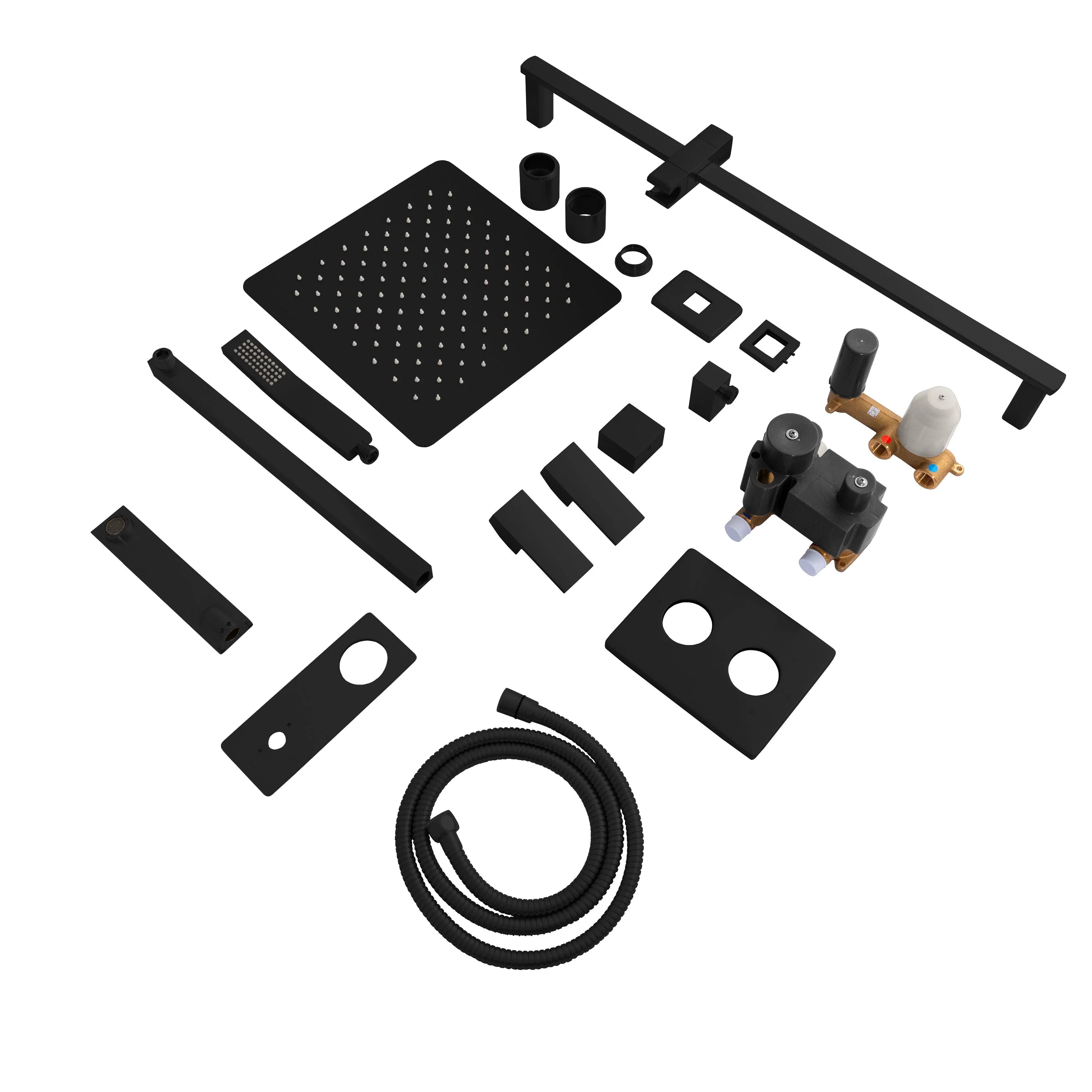 Matte black shower system kit with oversized square shower head and matching hardware set