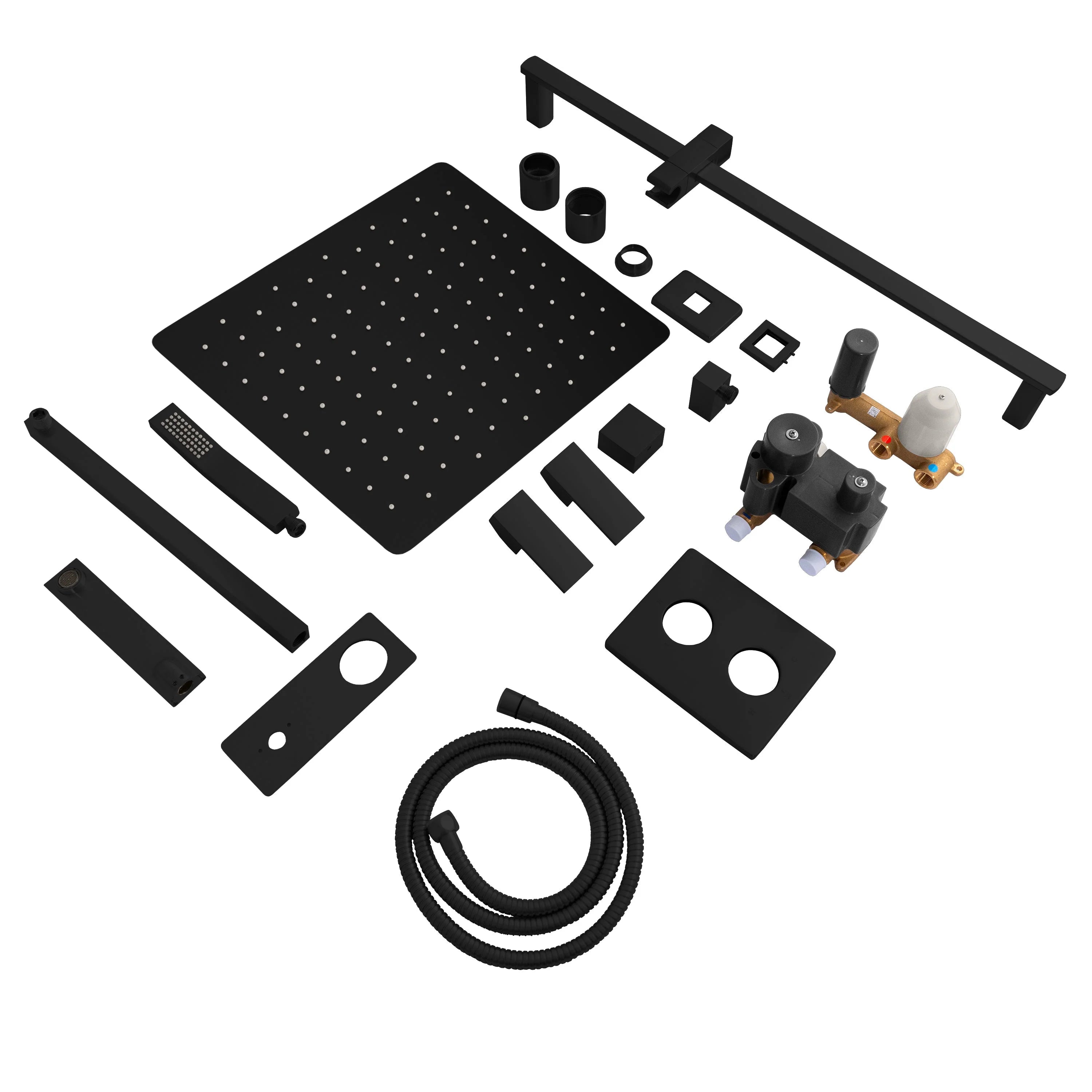 Matte black shower system components set: overhead head, hose, valves, trim pieces