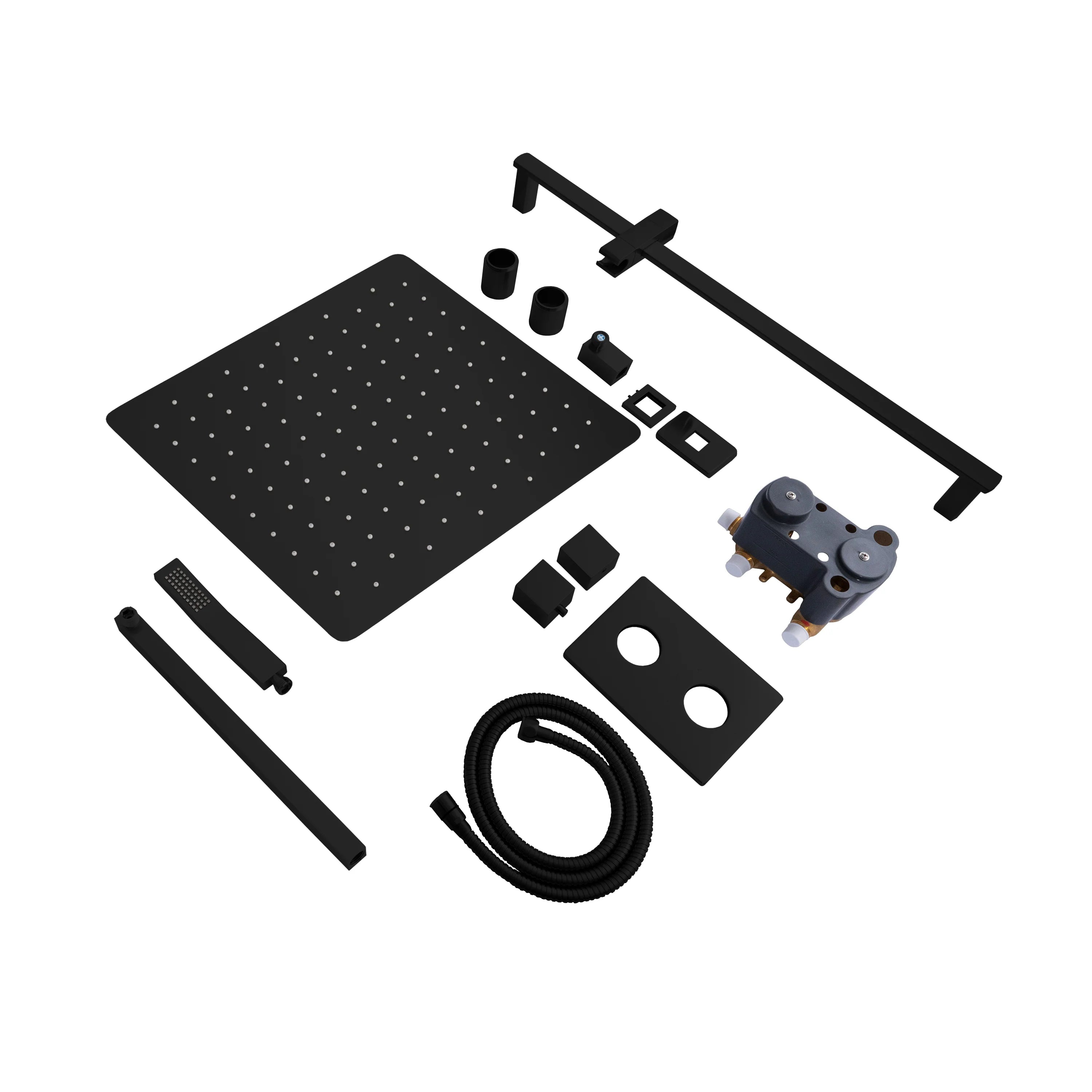 Matte black thermostatic shower system components: shower arm, valve parts, hose