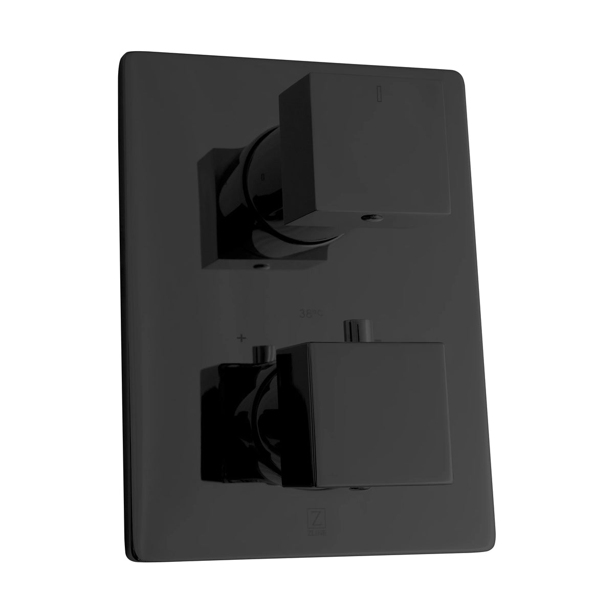 Matte black thermostatic shower valve with square trim plate and two outlet ports