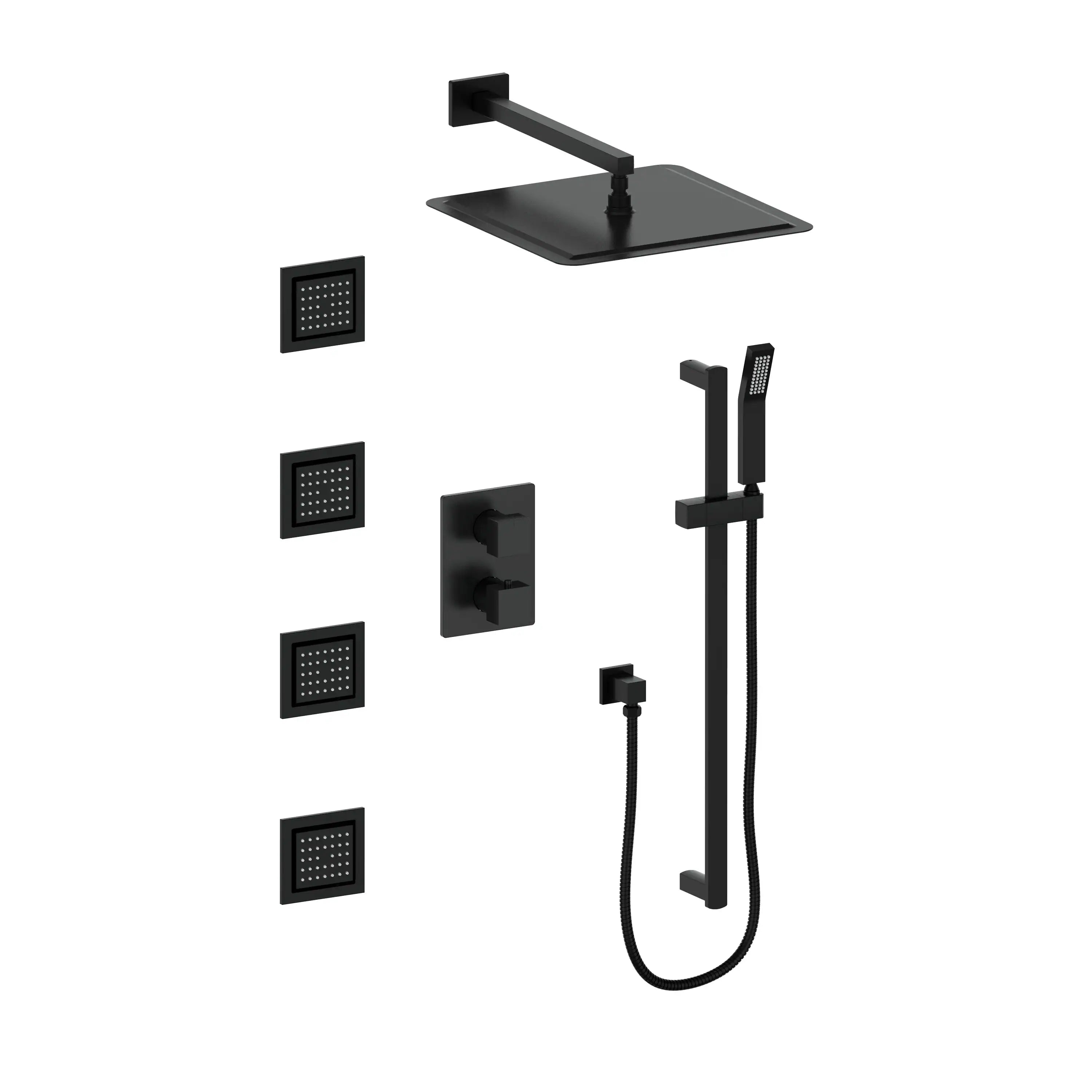 Matte black shower set with overhead rain head, handheld unit, valve and body jets