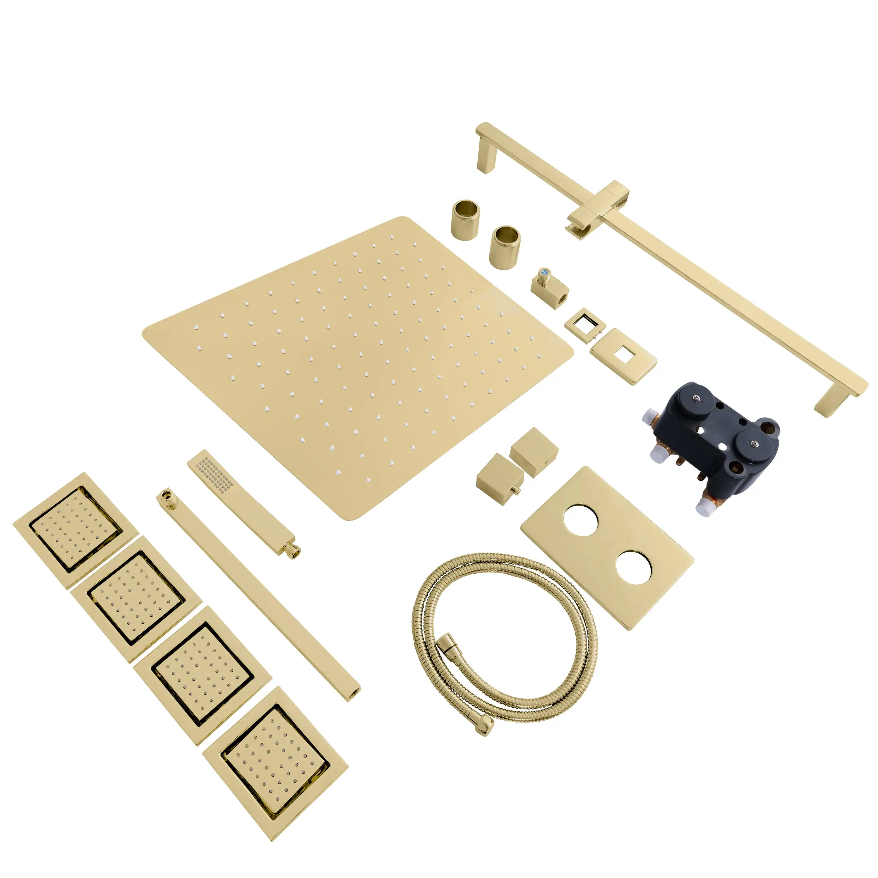 Polished gold shower system parts set with shower head, jets, hoses, and mounting trim