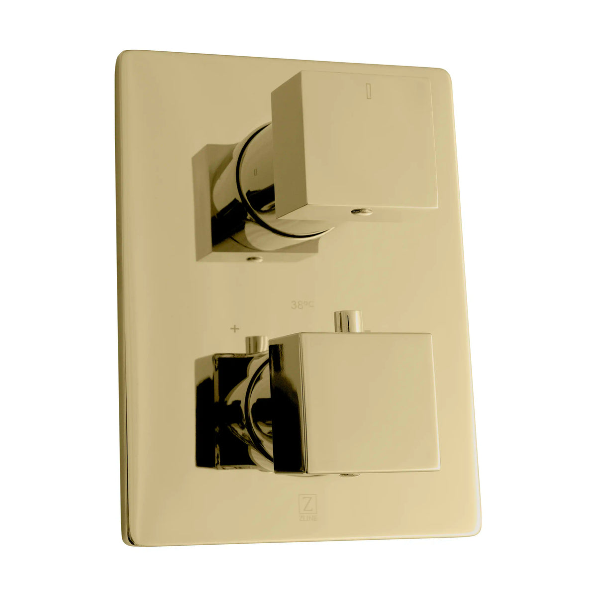 Polished gold thermostatic shower control trim with two diverter valve handles