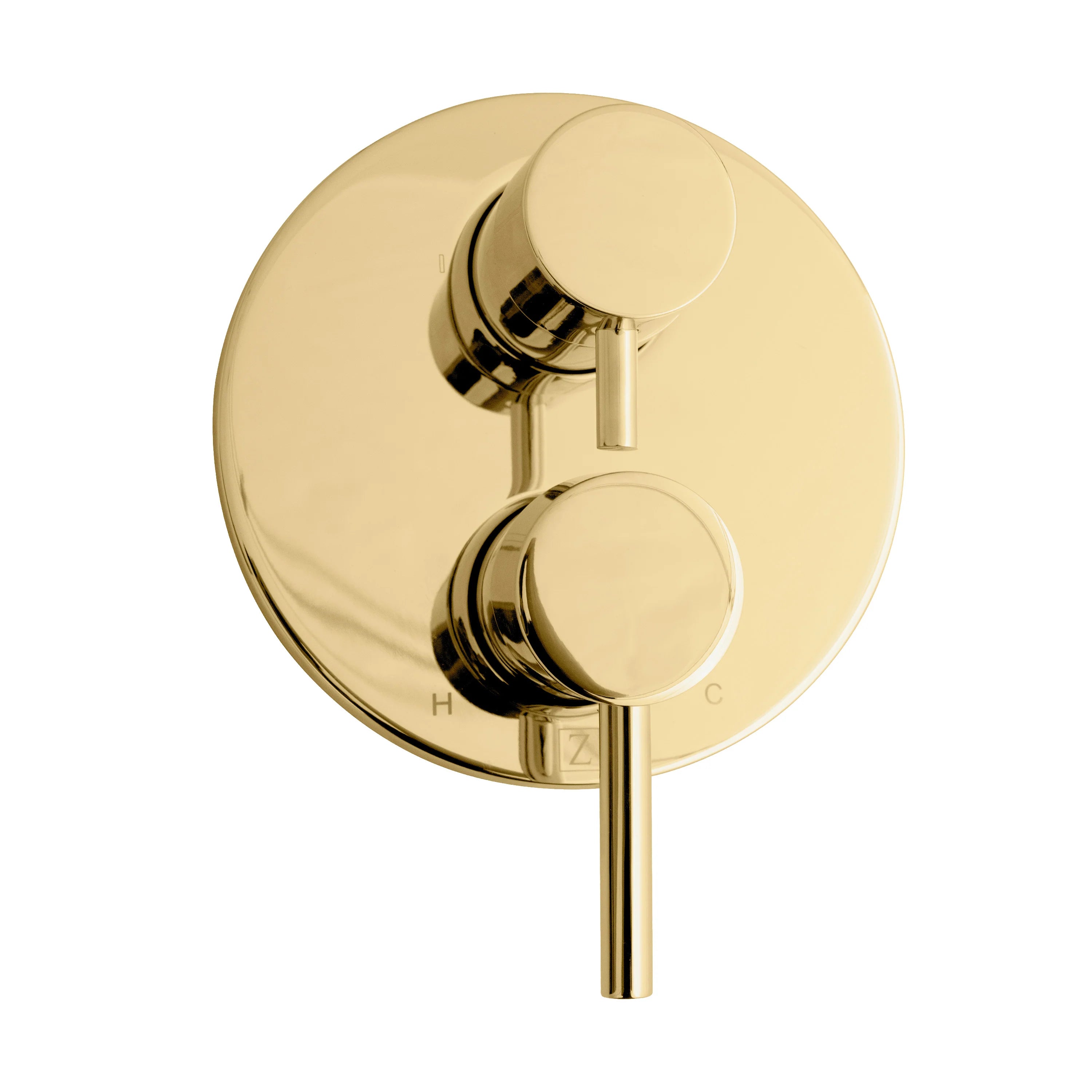 Polished gold thermostatic shower control with round face and single lever