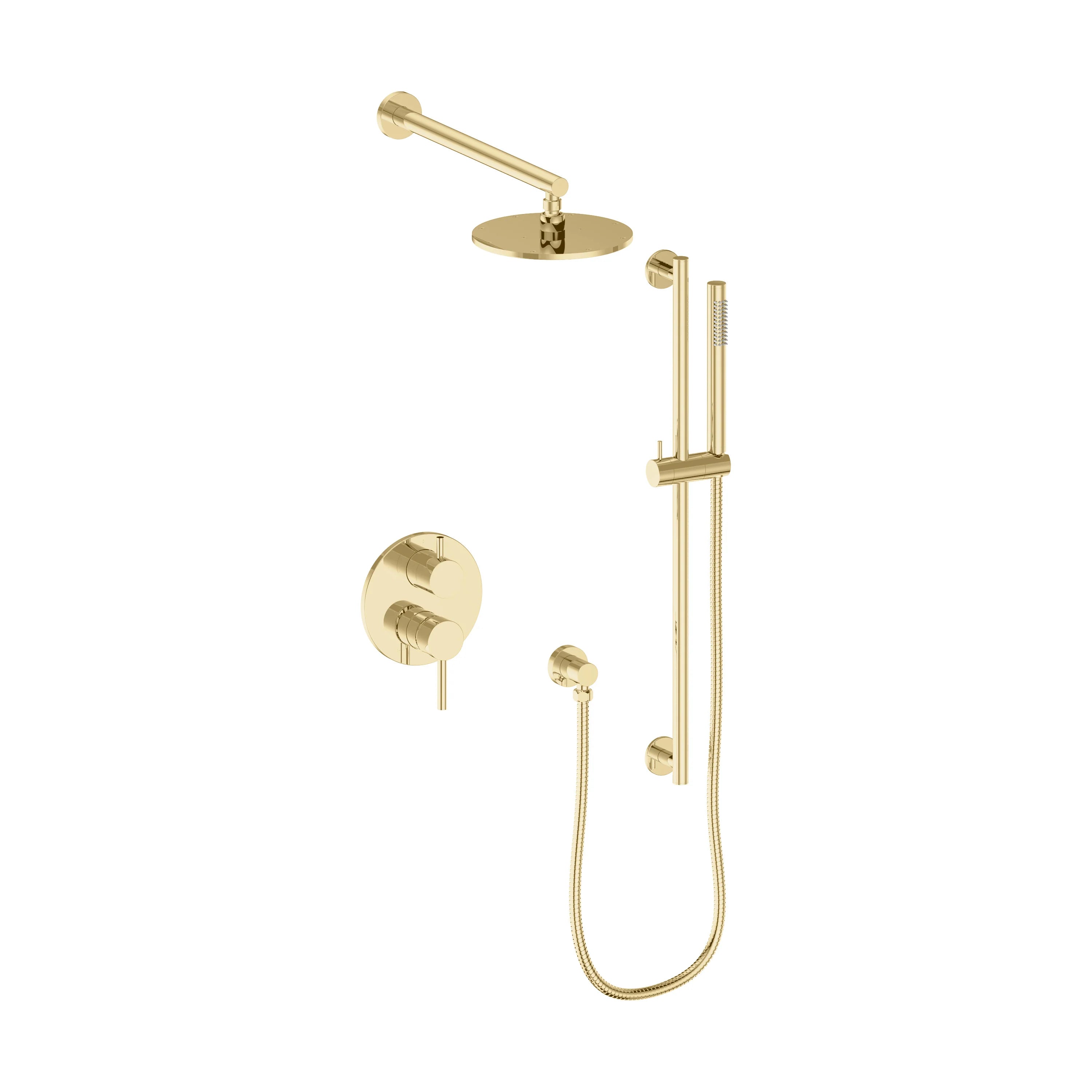 Polished gold shower kit with wall mixer, hand shower bracket, and hoses