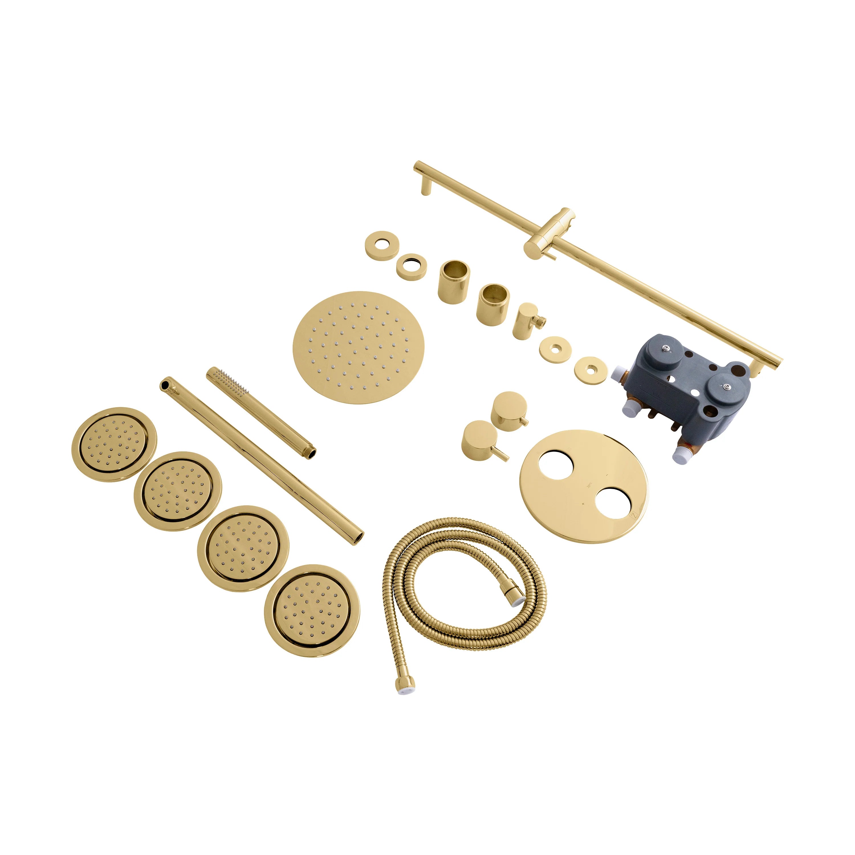 Polished gold shower system parts kit with showerhead, body jets, hose, and controls