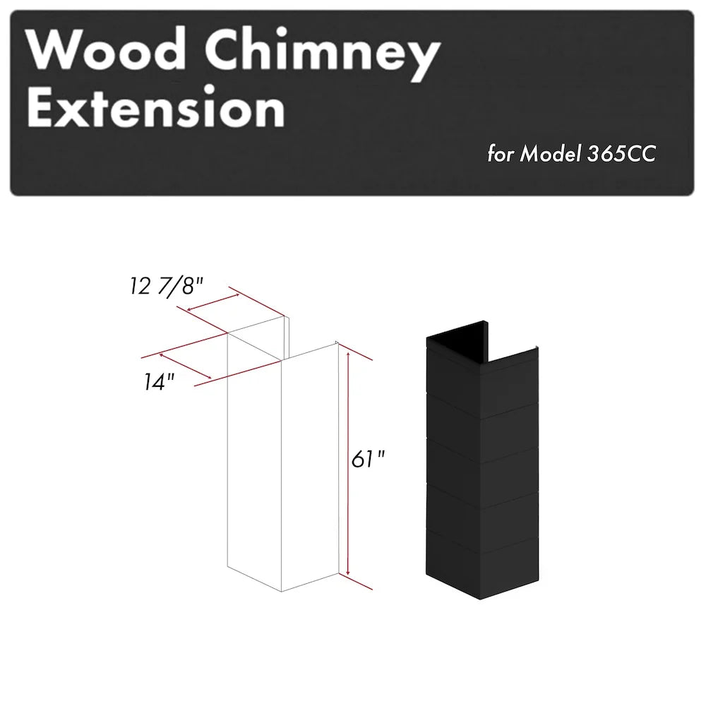 Black wooden chimney extension, 61-inch tall shiplap panel.