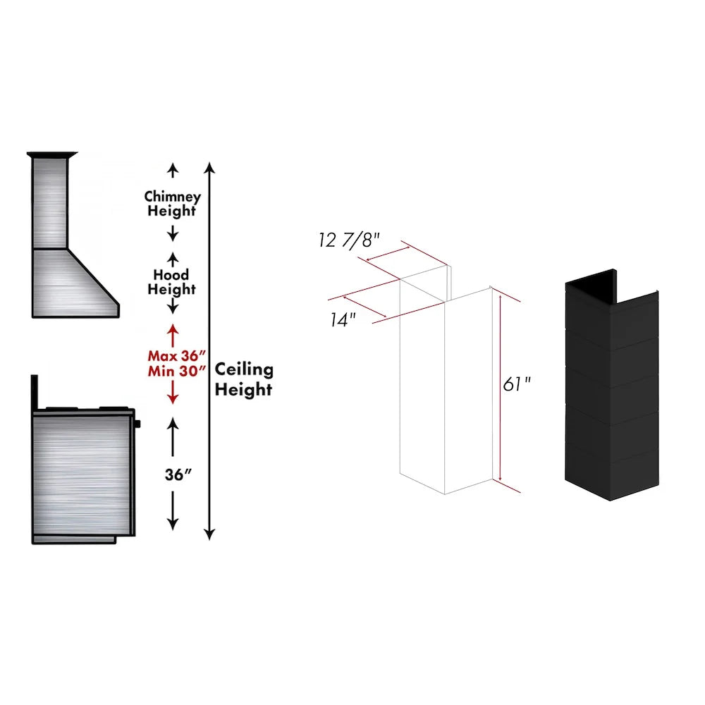 Black wooden chimney extension with height and ceiling clearance diagram, 61-in piece