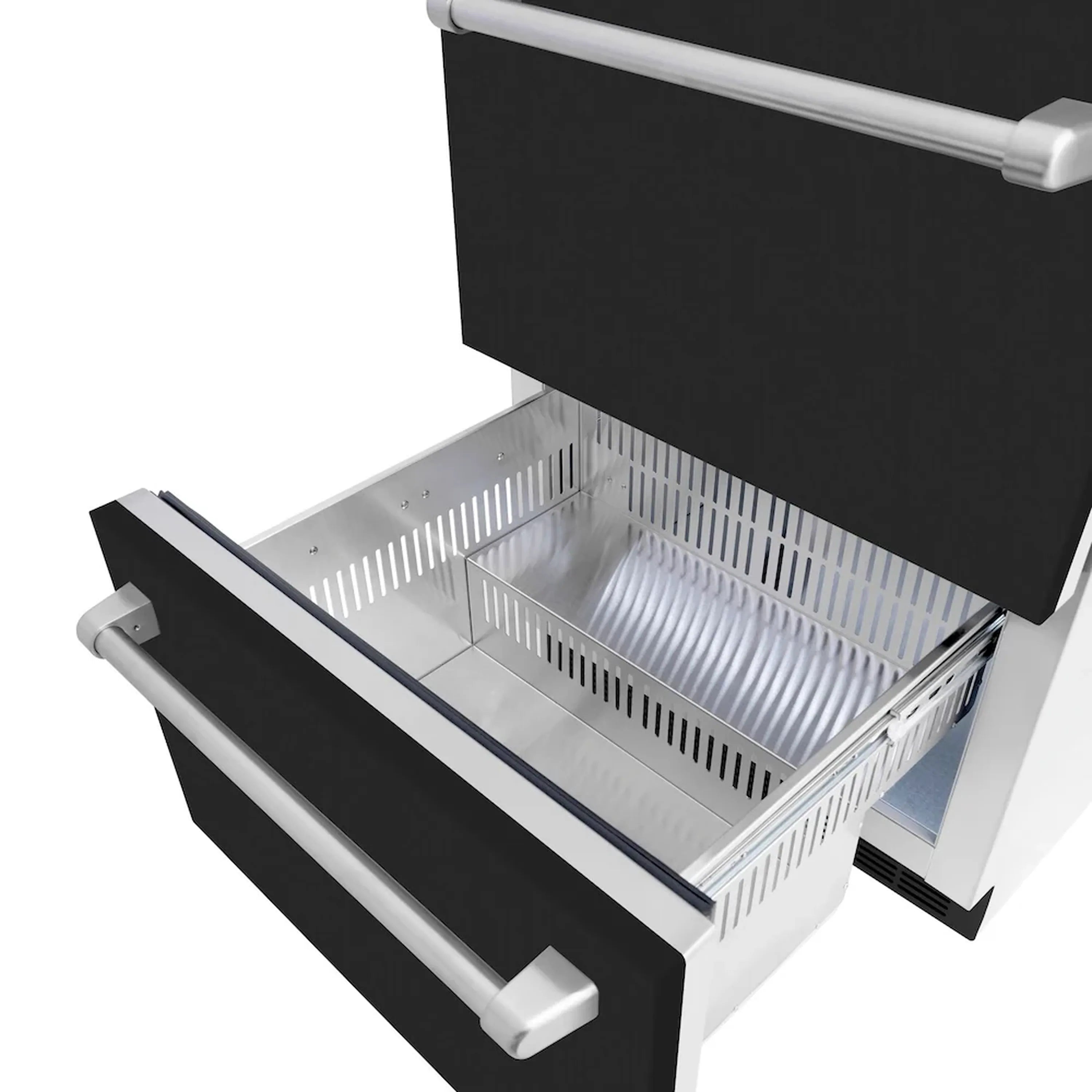 Open black matte refrigerator drawer with vented metal interior and side rails
