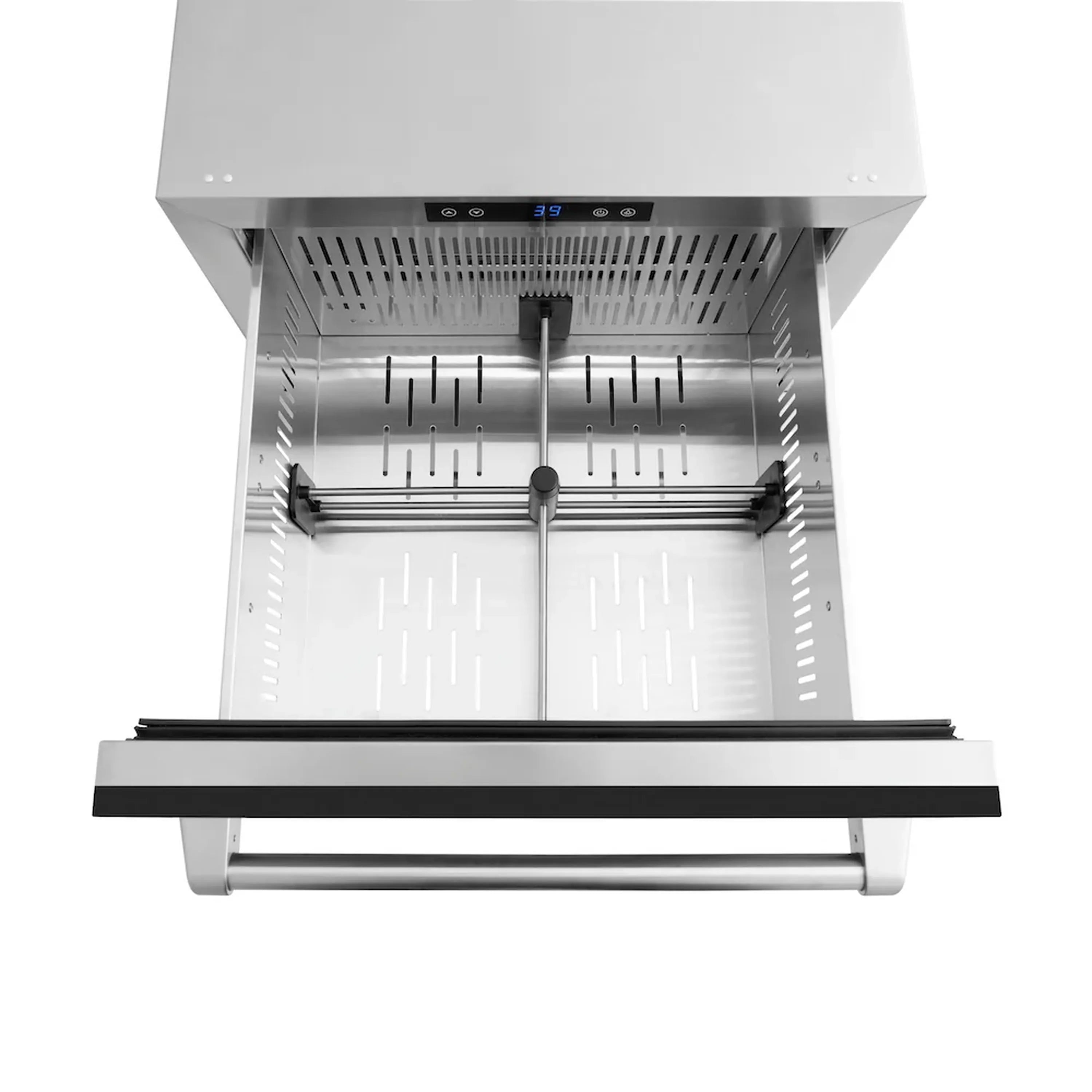 Interior of refrigerator drawer with stainless racks and a front pull-down drawer rail