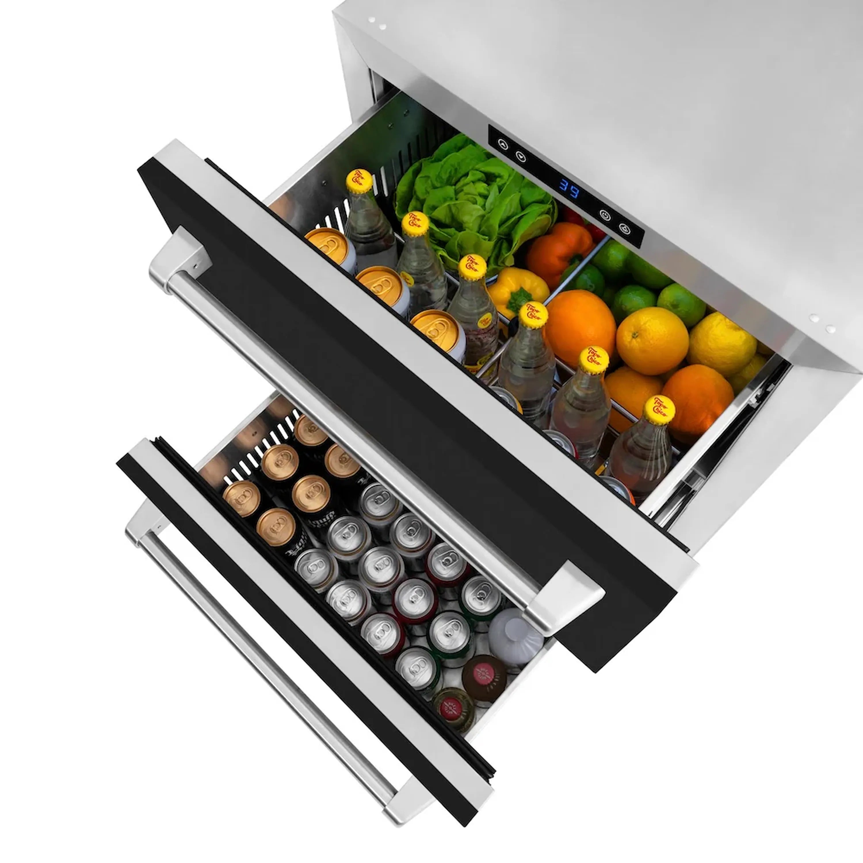 Open black matte refrigerator drawer holding bottles, produce, and canned items