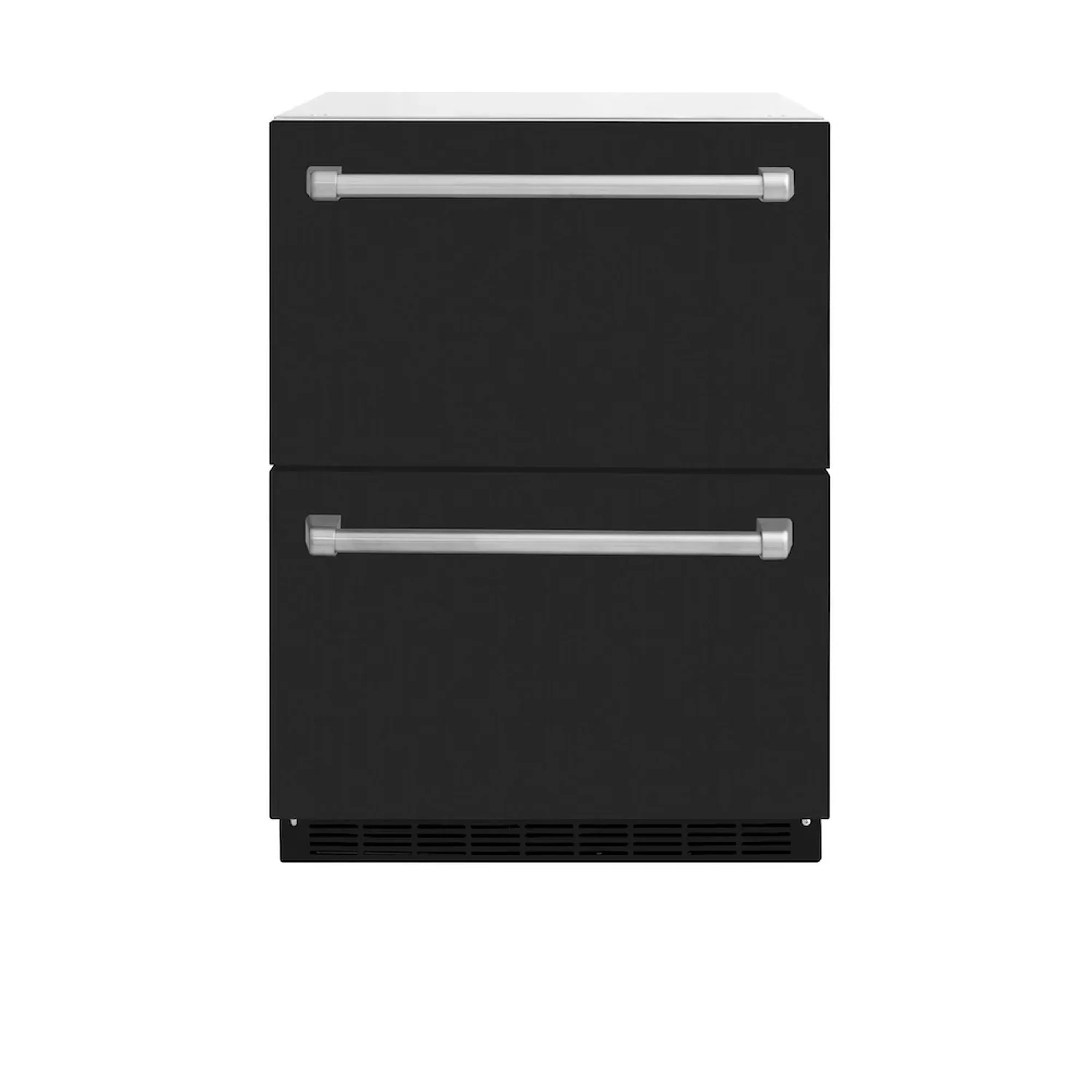 Black matte refrigerator drawer with two horizontal silver bar handles and bottom vent grille