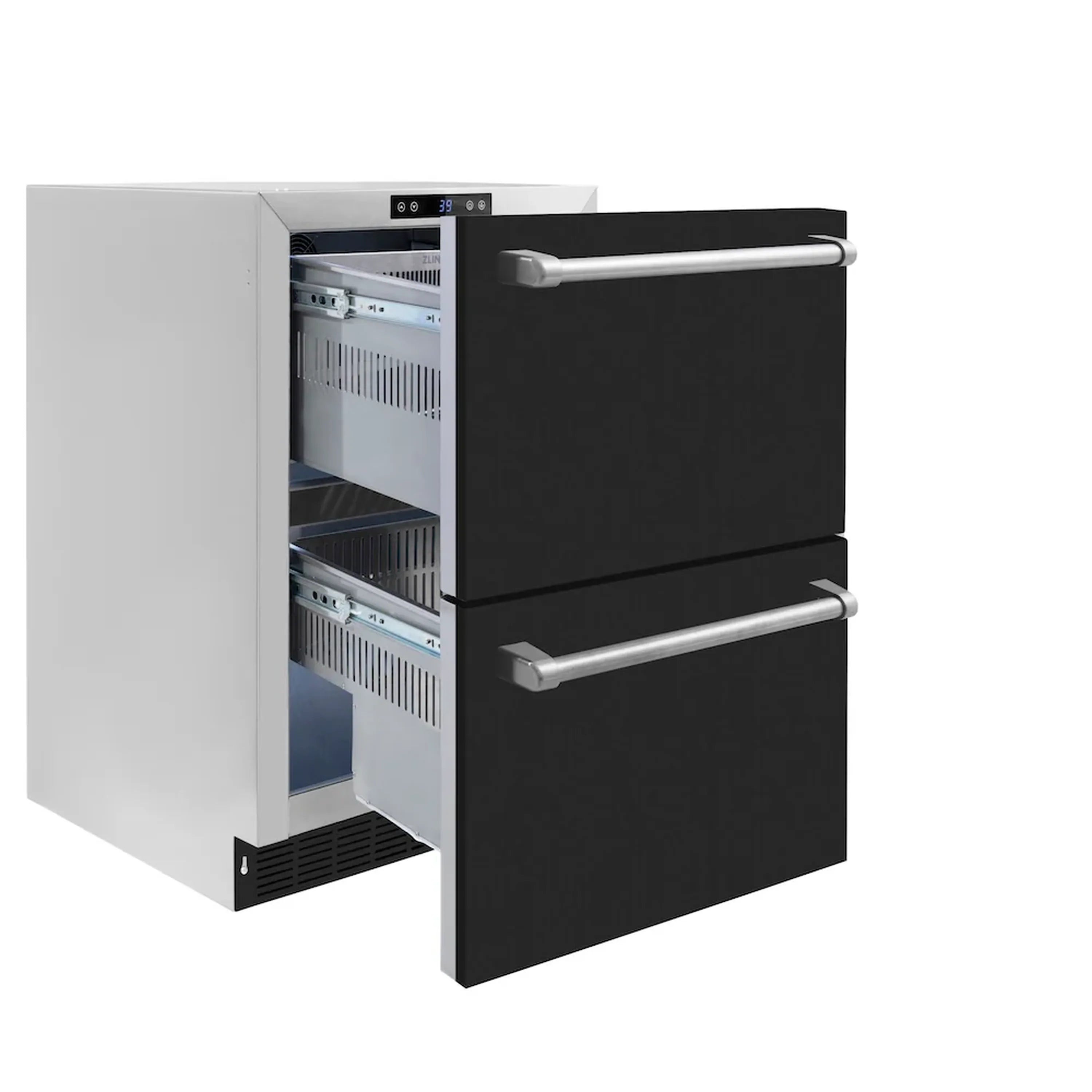 Open black matte refrigerator drawer with interior racks and two silver pull handles