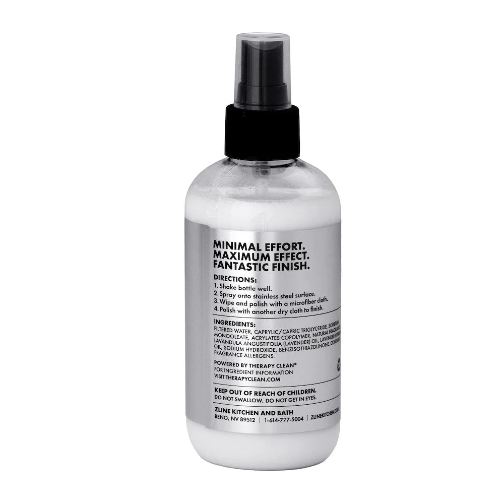 Stainless steel cleaner bottle with black spray cap, clear bottle, printed directions