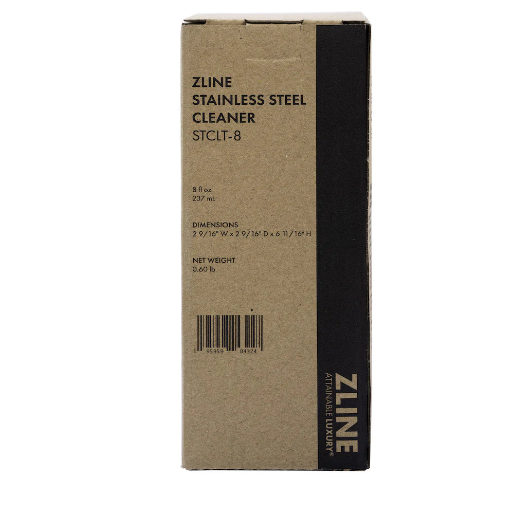 ZLINE stainless steel cleaner box side, kraft finish, barcode and measurements