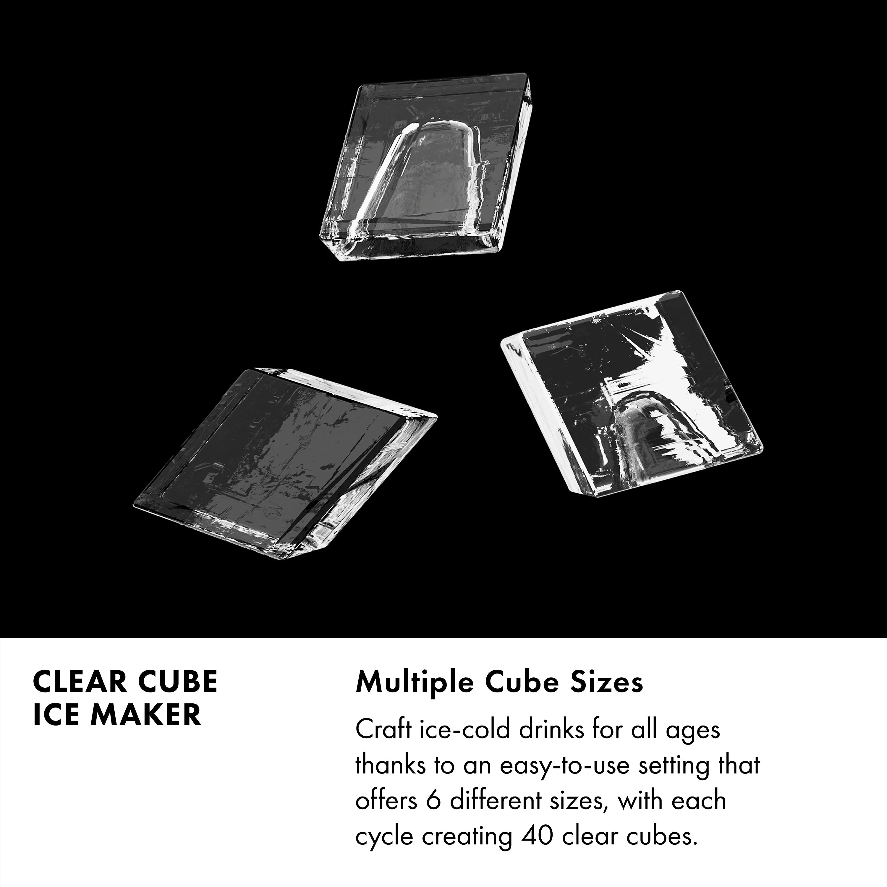 Clear cube ice cubes arranged for size and shape comparison