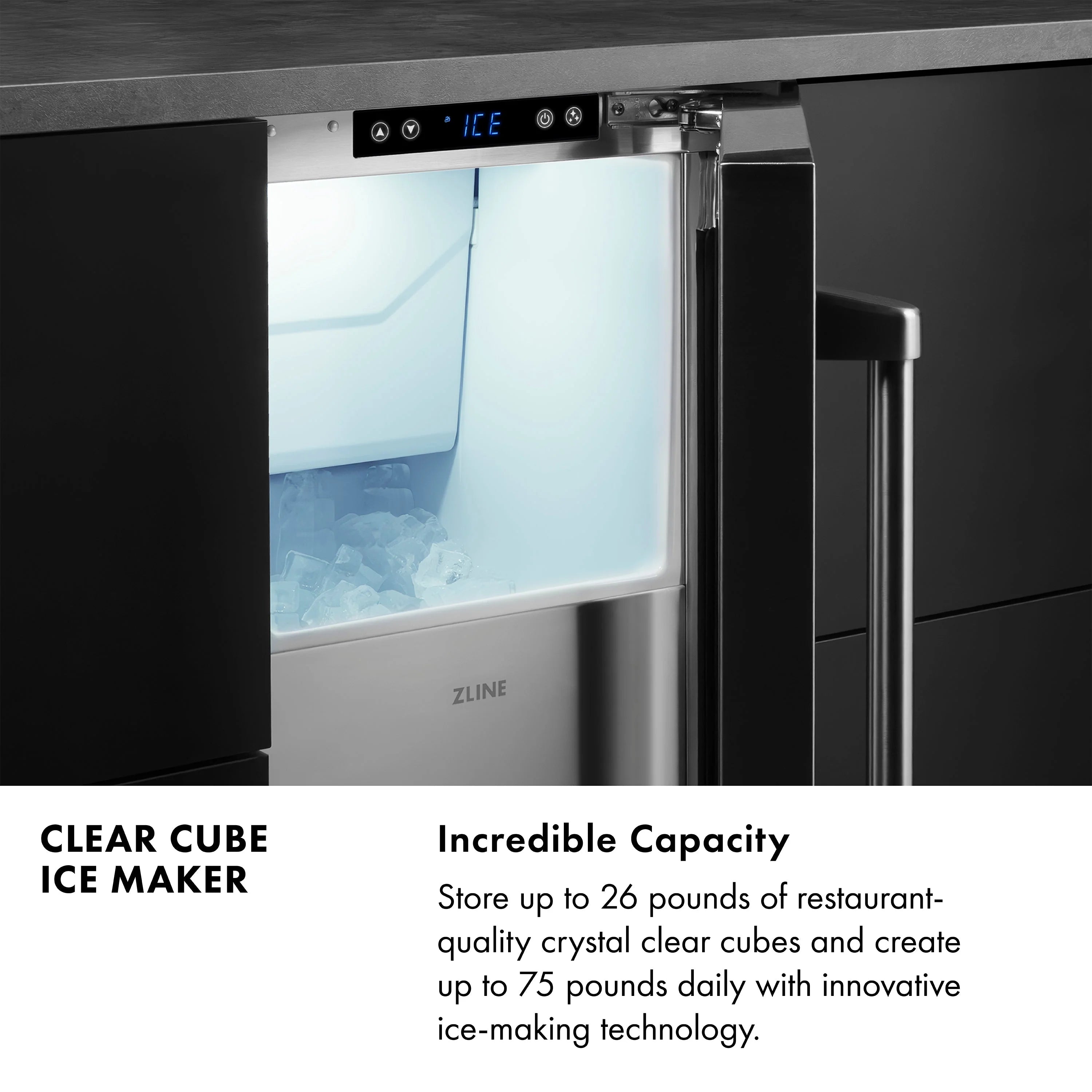 Built-in clear cube ice maker with transparent viewing window and black cabinet