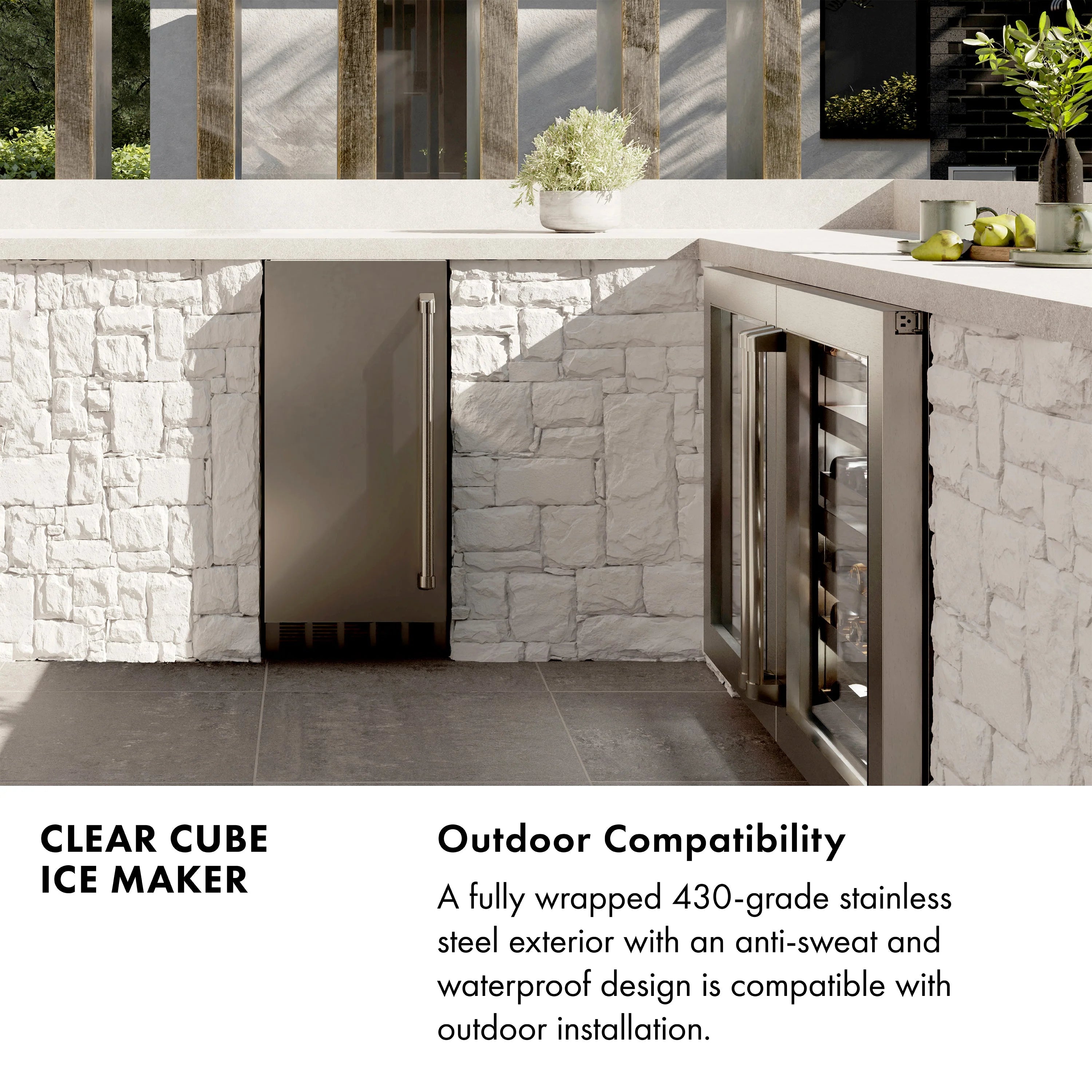 Outdoor-ready clear cube ice maker unit with stainless frame and side door