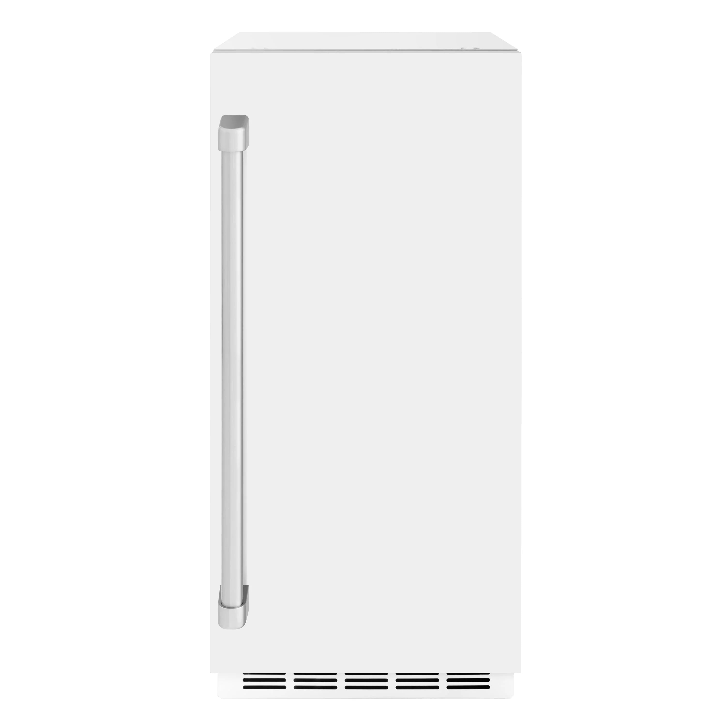 White matte cube ice maker front view with bottom air vents and side inlet tube