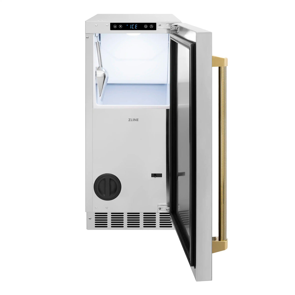 Ice maker with open door showing interior bin, scoop, and gold helix handle
