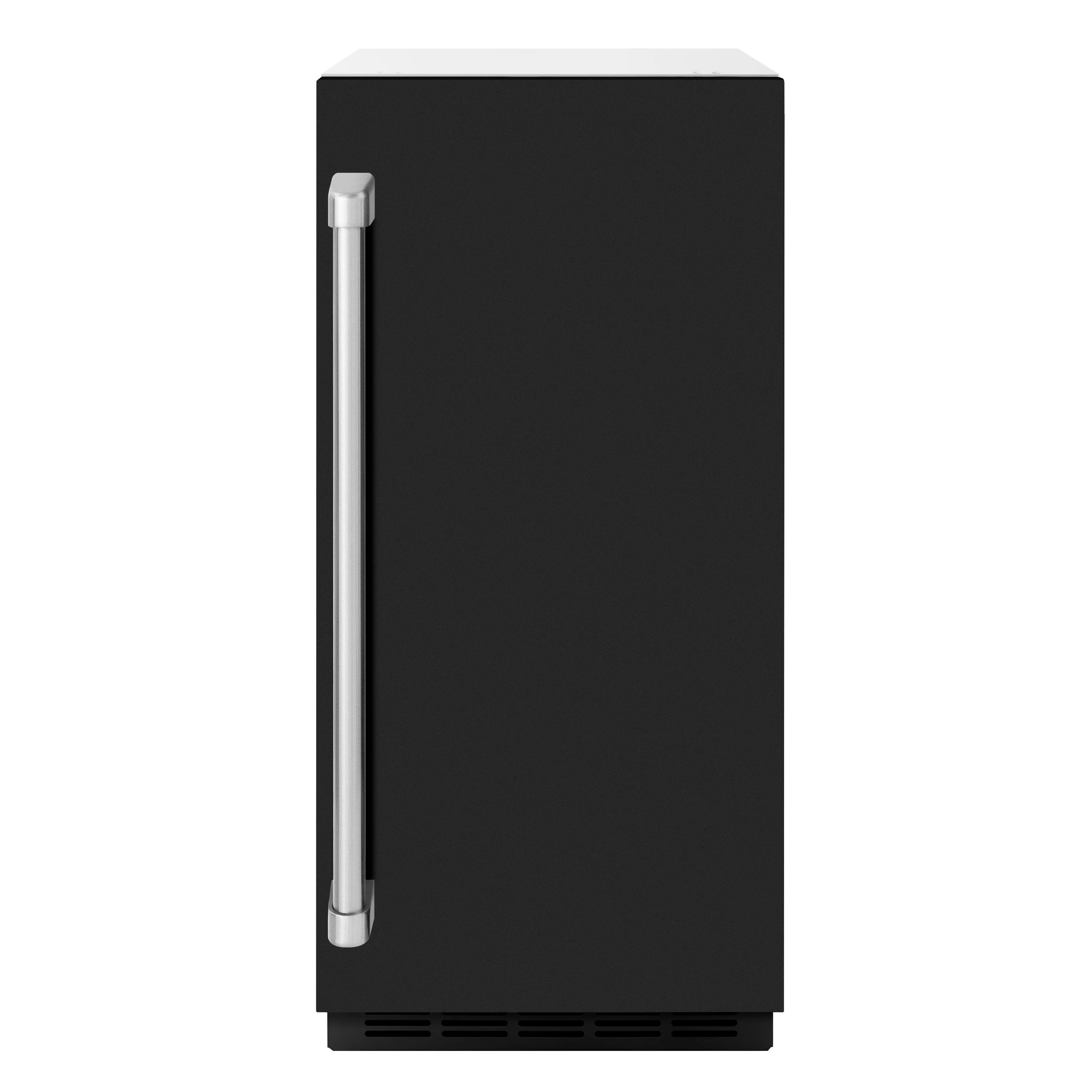 Black matte freestanding ice maker side view with tall handle and vents