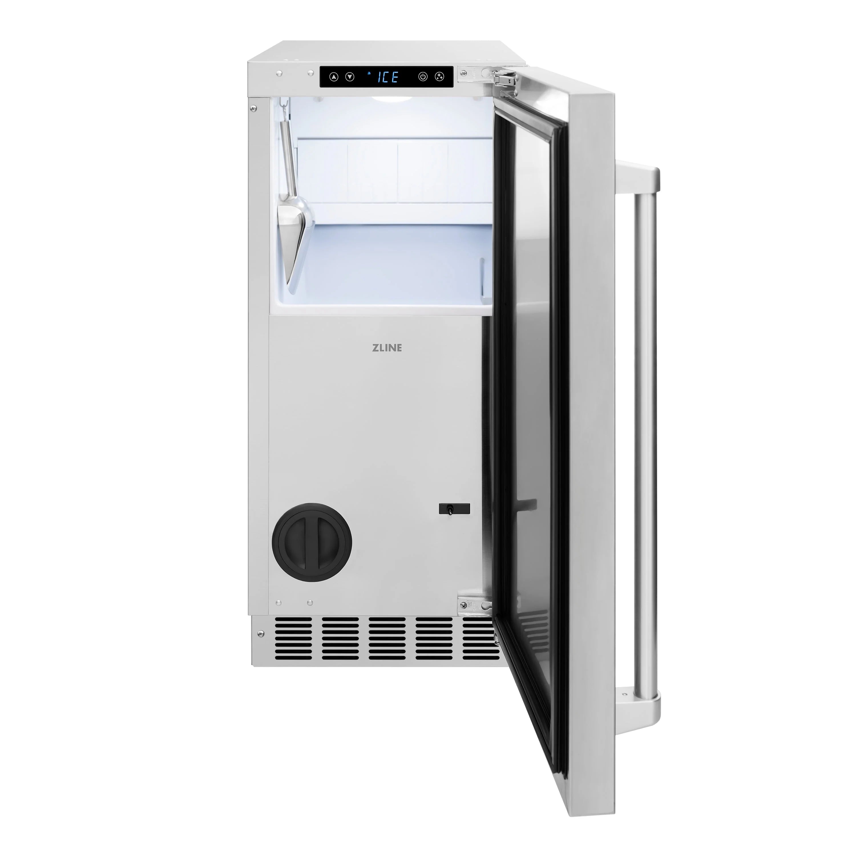 Stainless steel ice maker with open door showing ice bin and front control panel