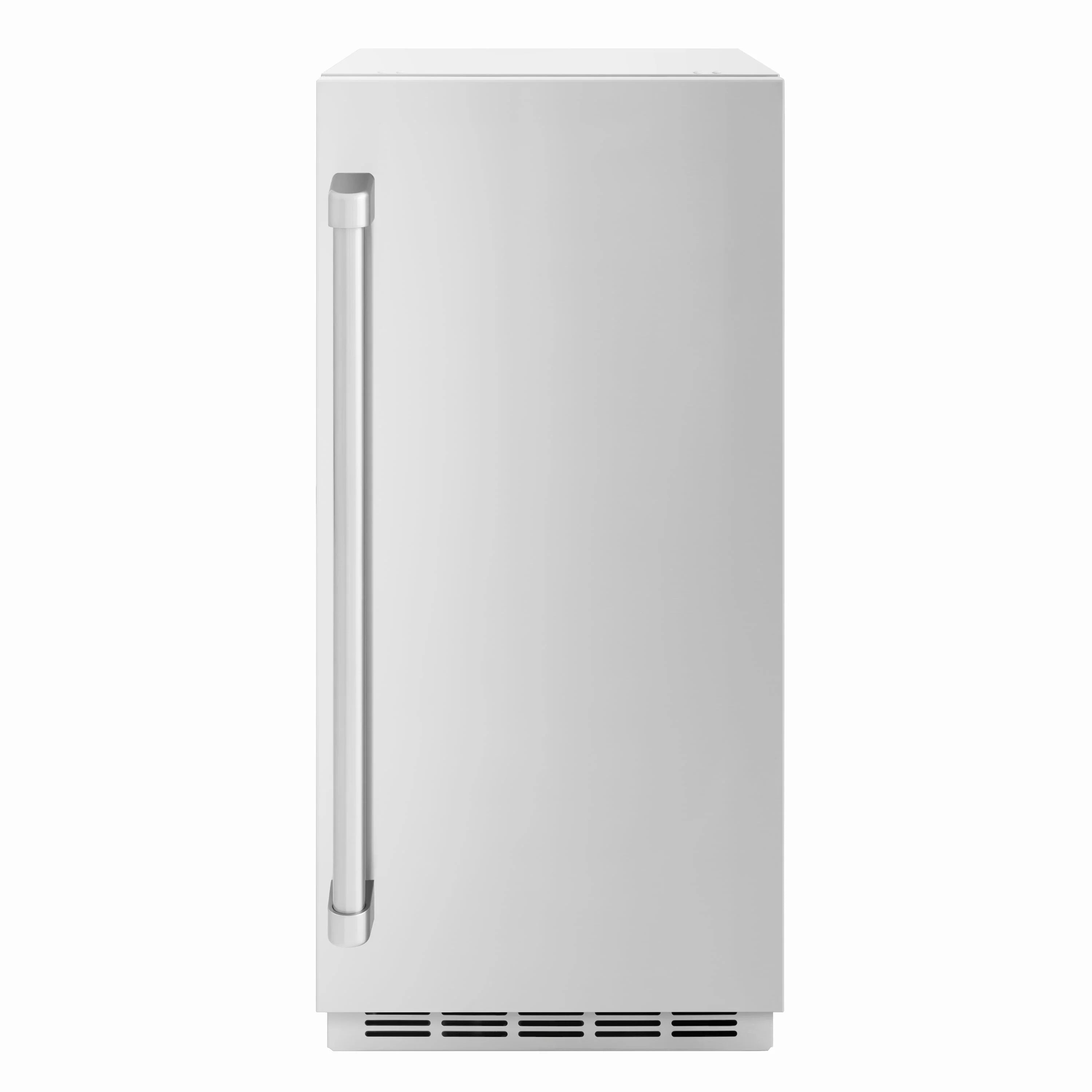 Stainless steel built-in ice maker with tall door handle and lower vent grille