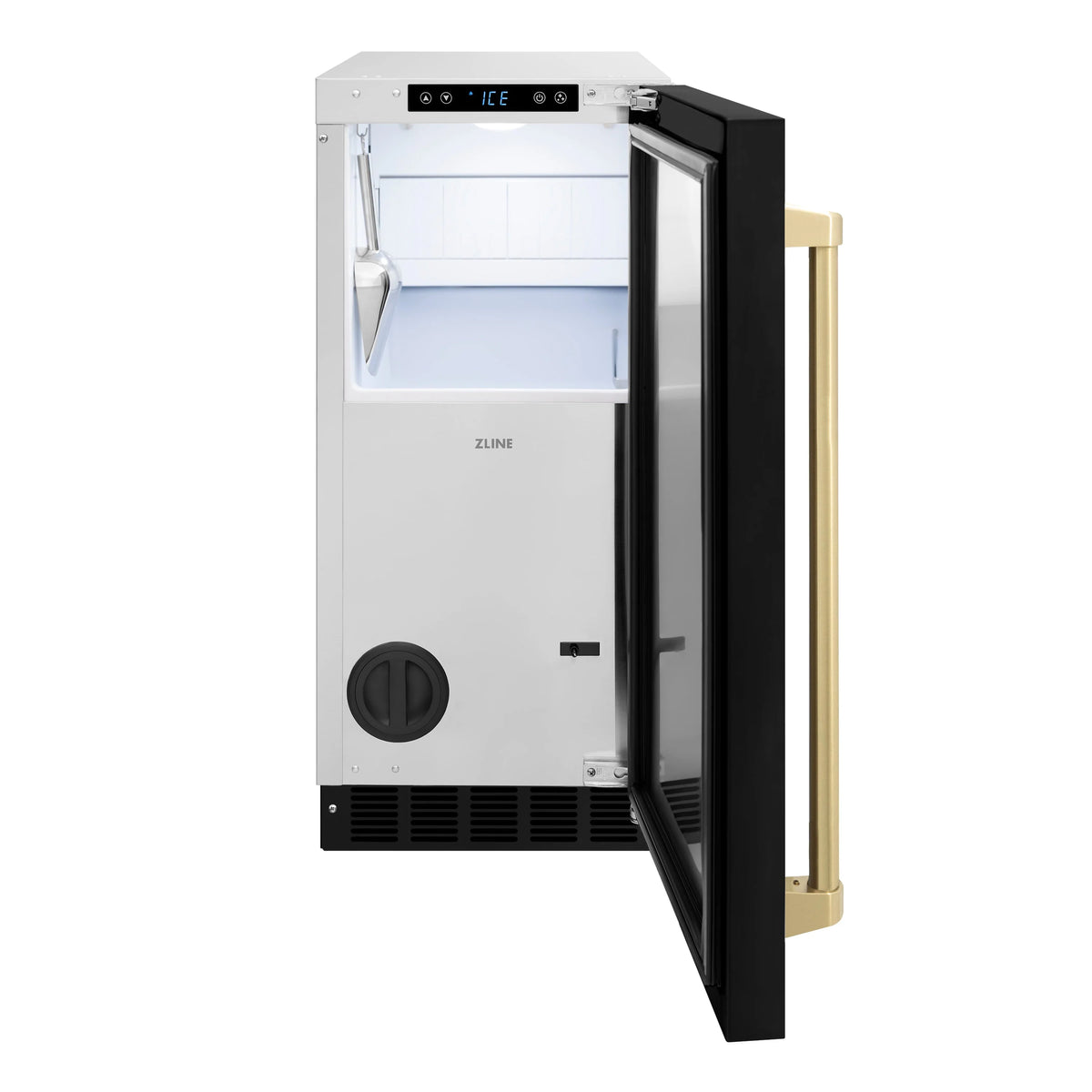 ZLINE undercounter ice maker in black matte with open door and champagne-bronze handle