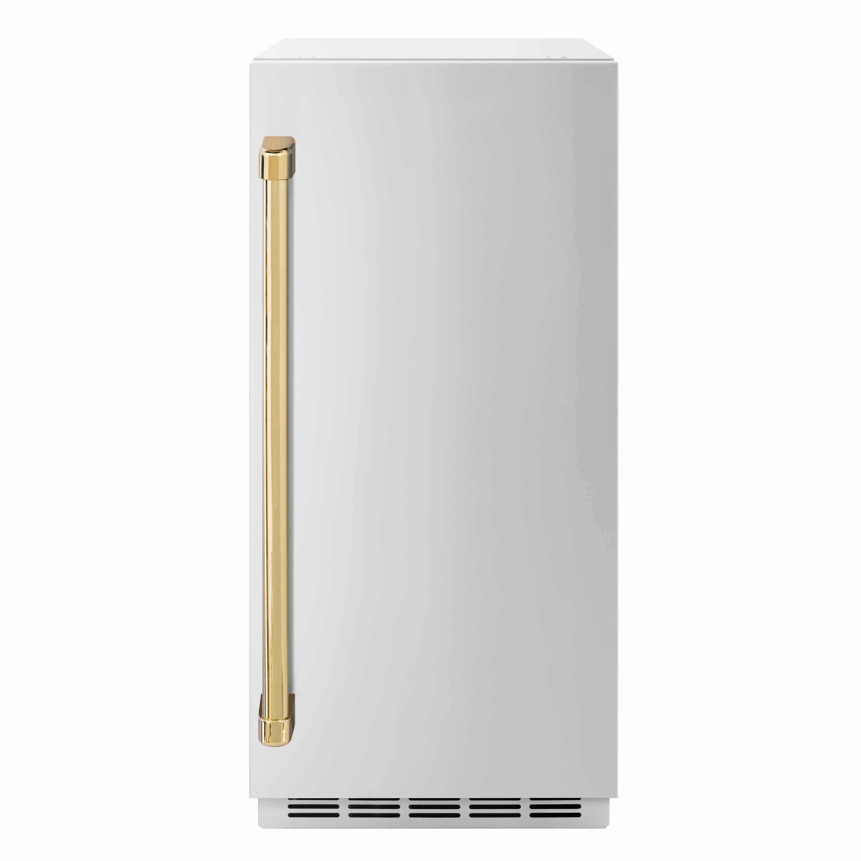 Stainless steel ice maker side view with tall gold handle