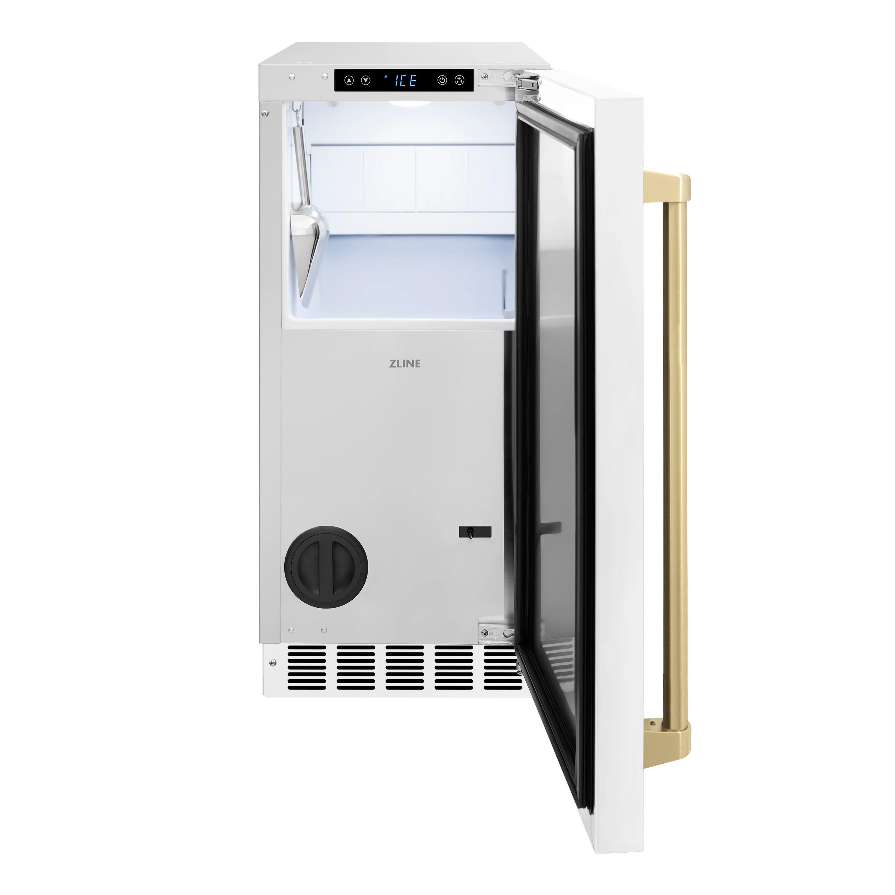 White matte ice maker with open door, stainless interior, and champagne bronze handle
