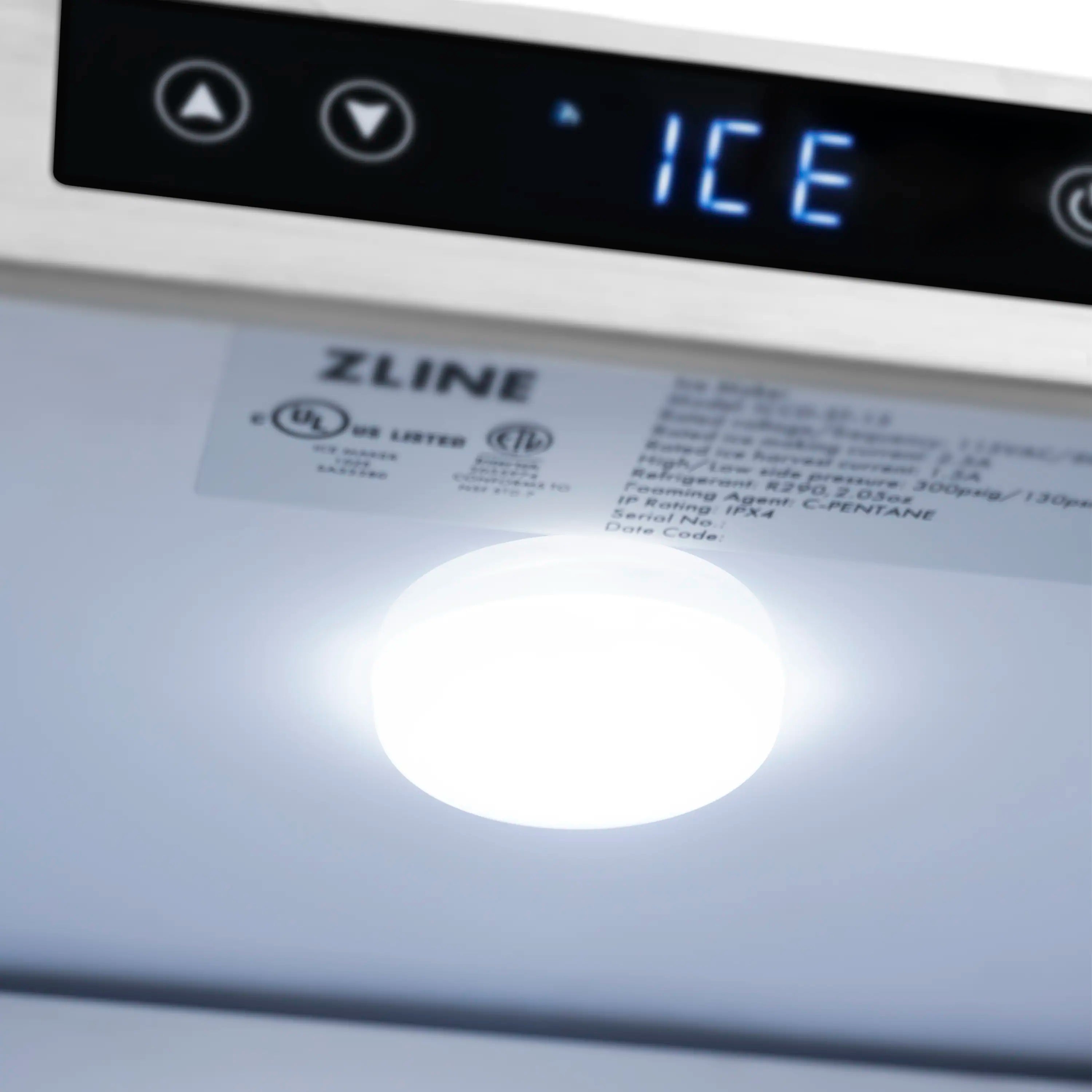 Ice maker front cavity with bright interior light and ICE display panel
