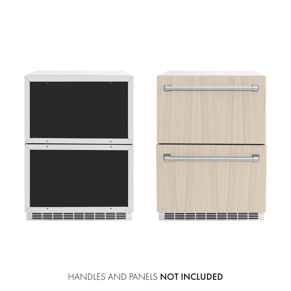 Outdoor refrigerator drawer with panel-ready doors, black front panels and trim