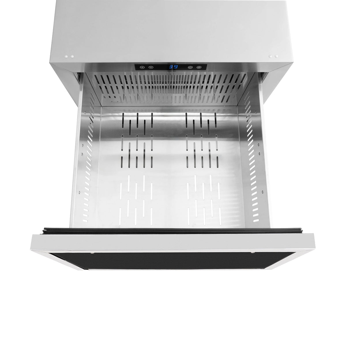 Outdoor refrigerator drawer open interior with vented base and internal rails