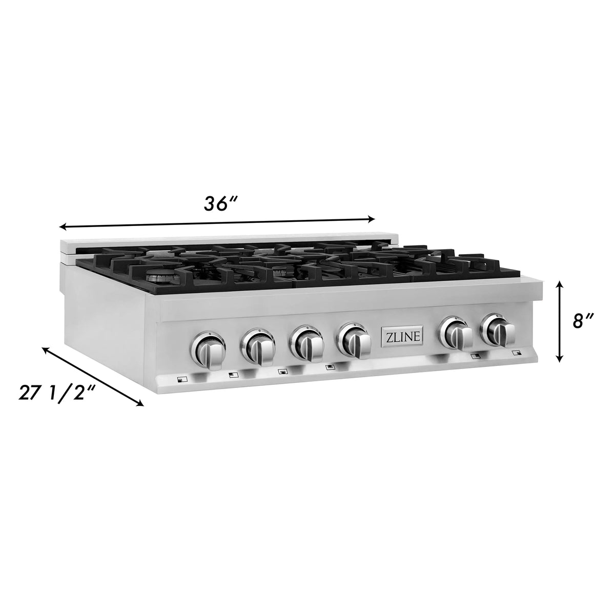 Stainless steel gas rangetop dimensions shown: 36 in width, 8 in height.