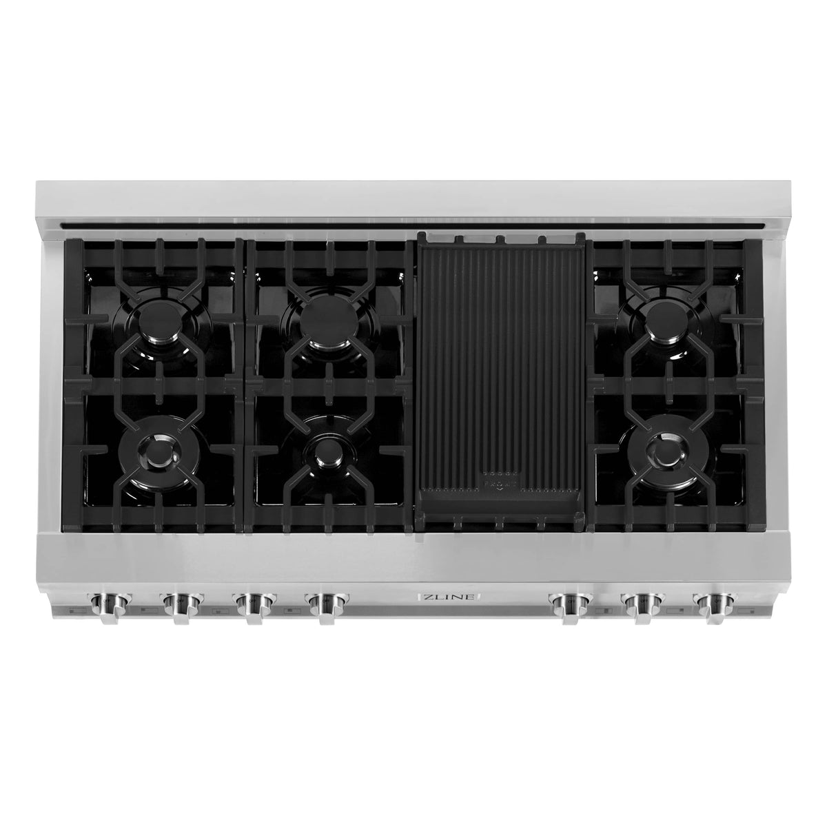 Stainless steel gas rangetop with exposed burner grates and ribbed center griddle