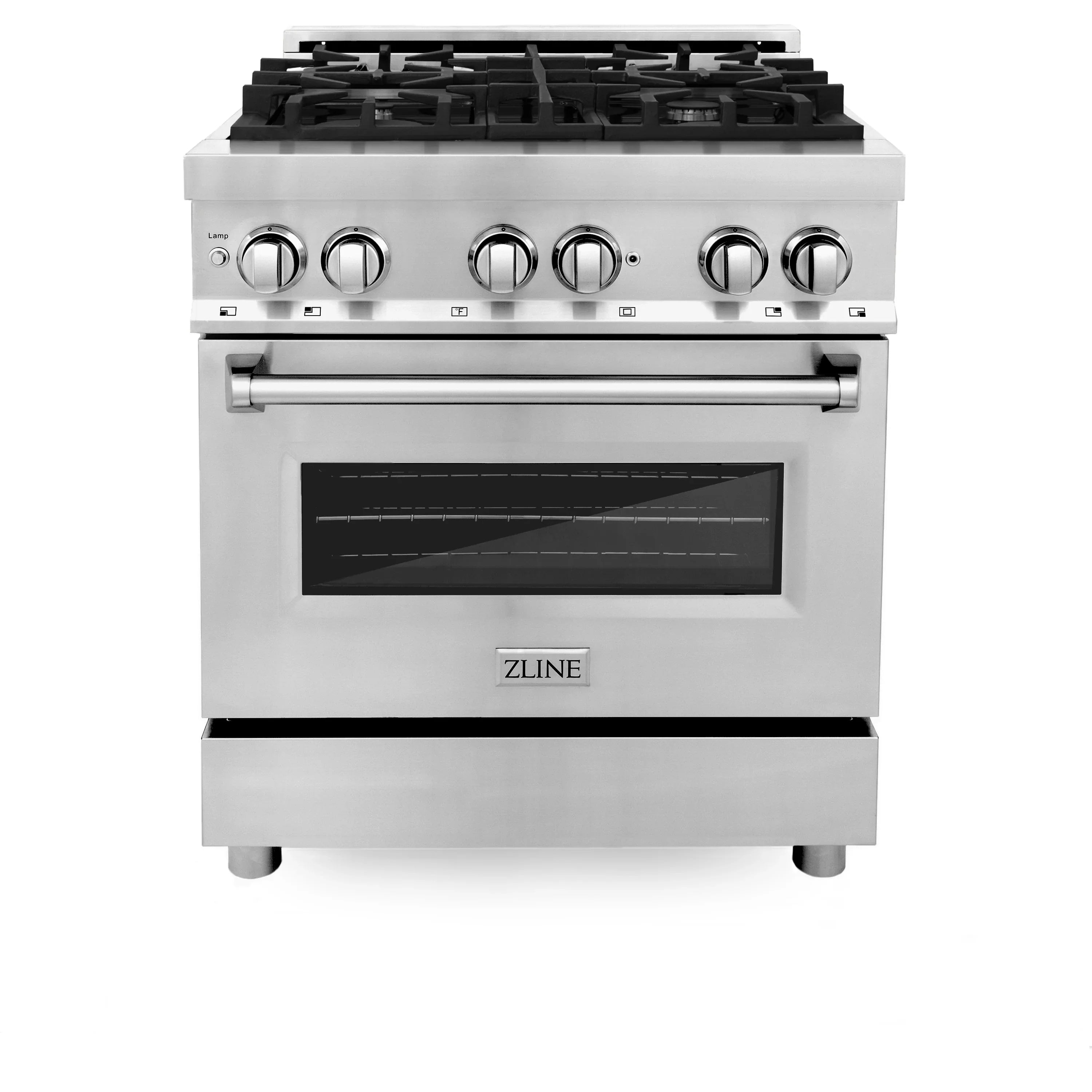 Stainless steel dual fuel range with black cooktop grates and oven window, front view