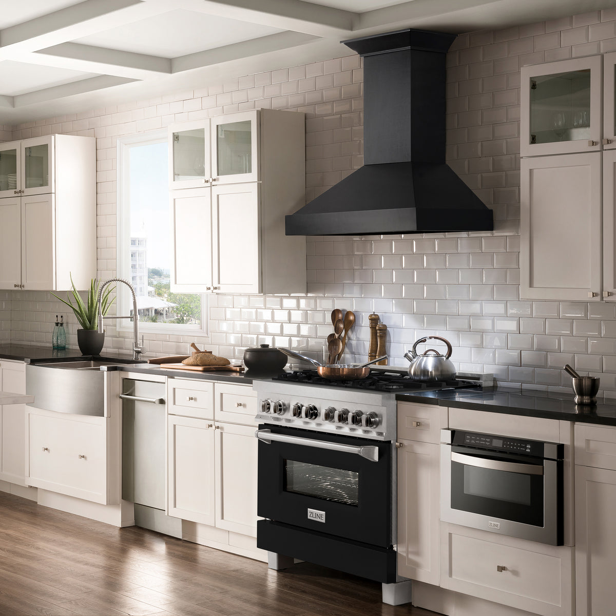 Dual fuel range with black matte door and stainless finish in a kitchen setting