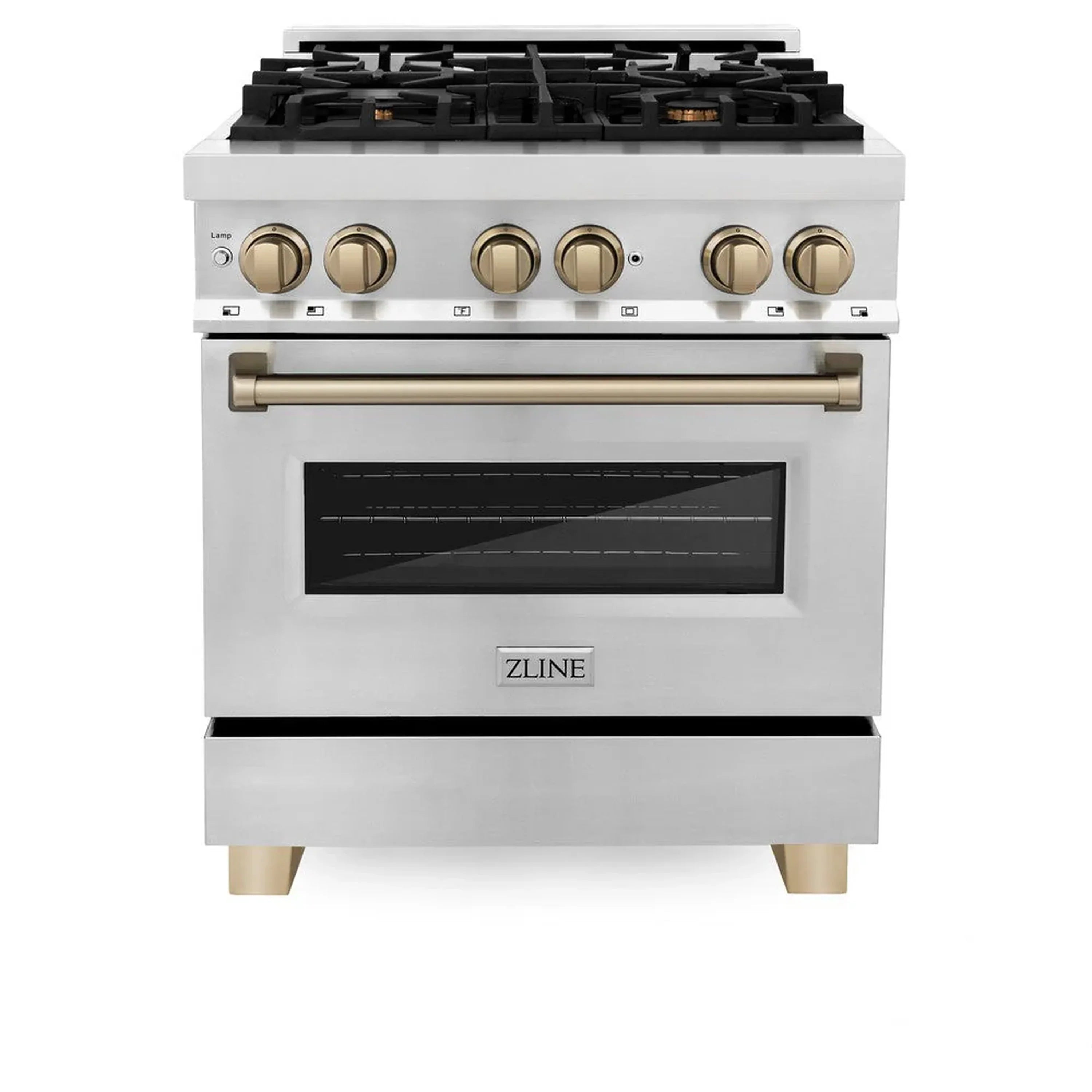 Stainless dual fuel range with champagne bronze knobs and oven door window