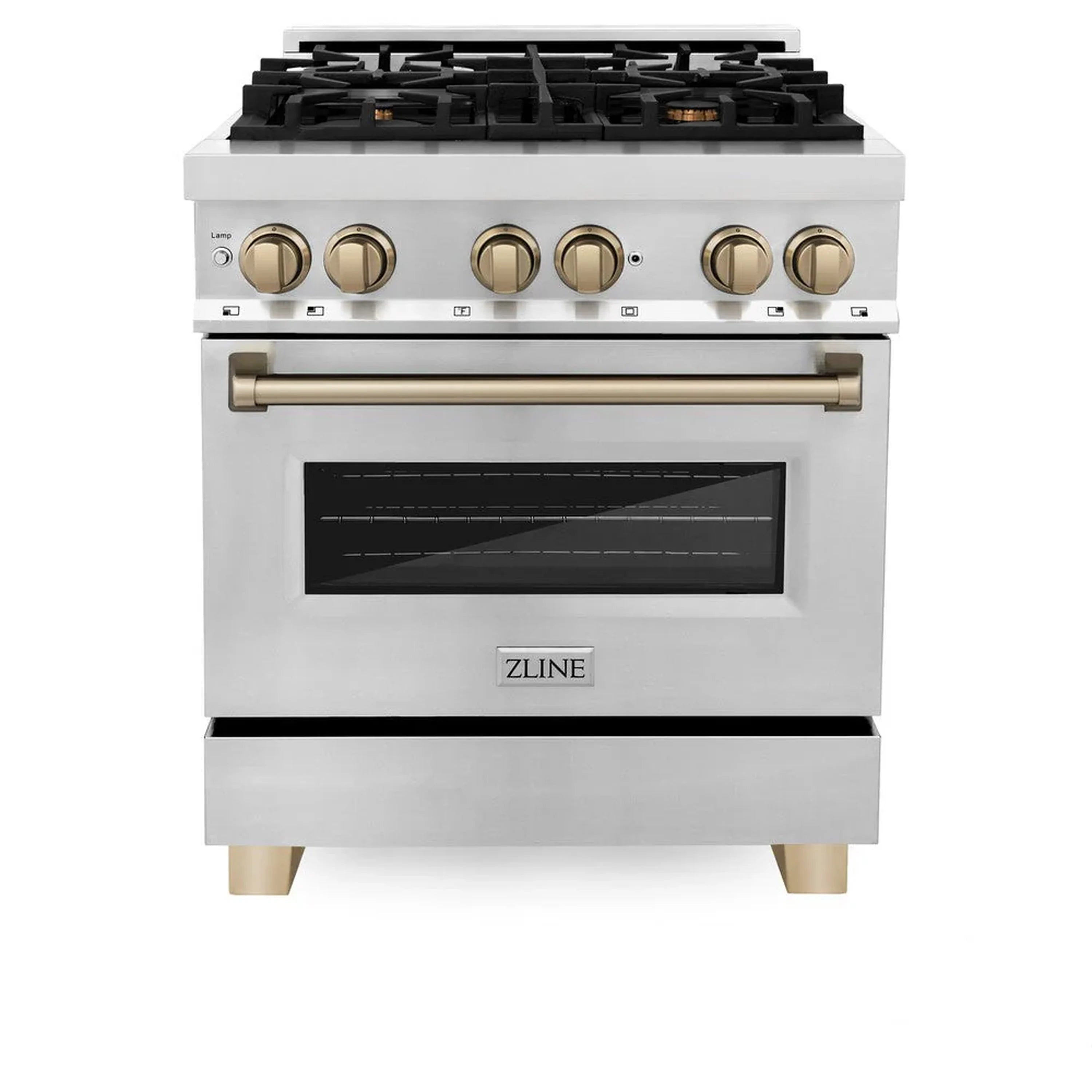 Stainless steel dual fuel range front with glass oven door window and bronze control knobs