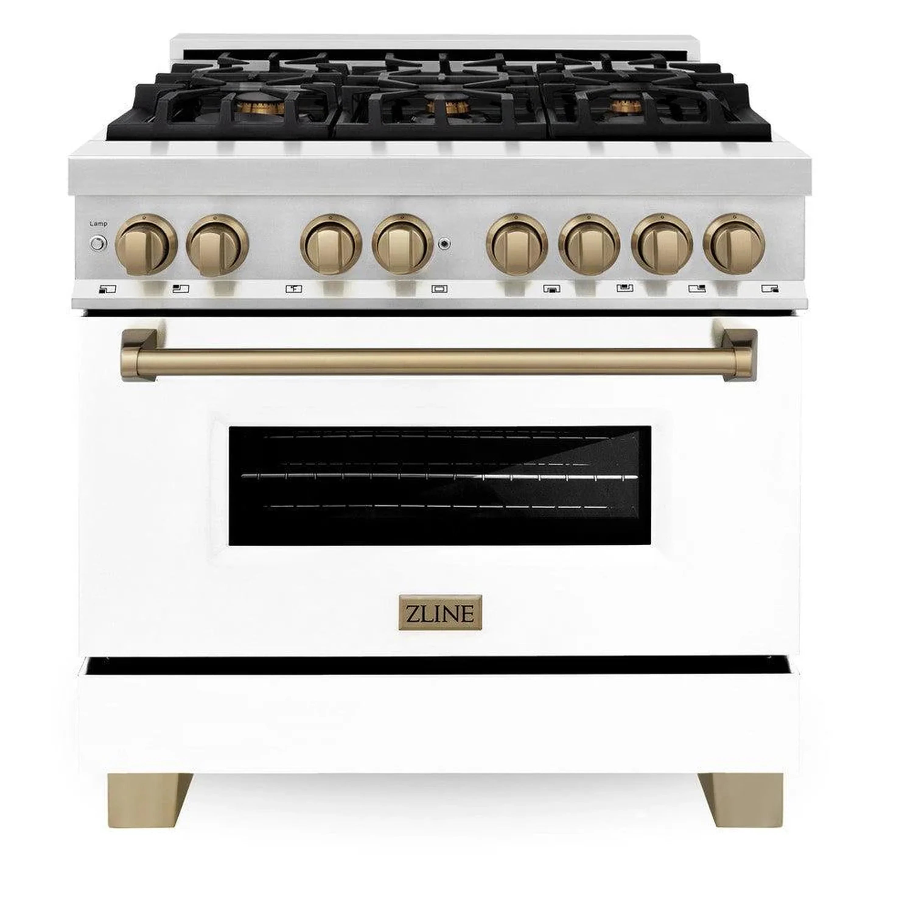 White and stainless dual fuel range with black grates, gold knobs, and glass oven window