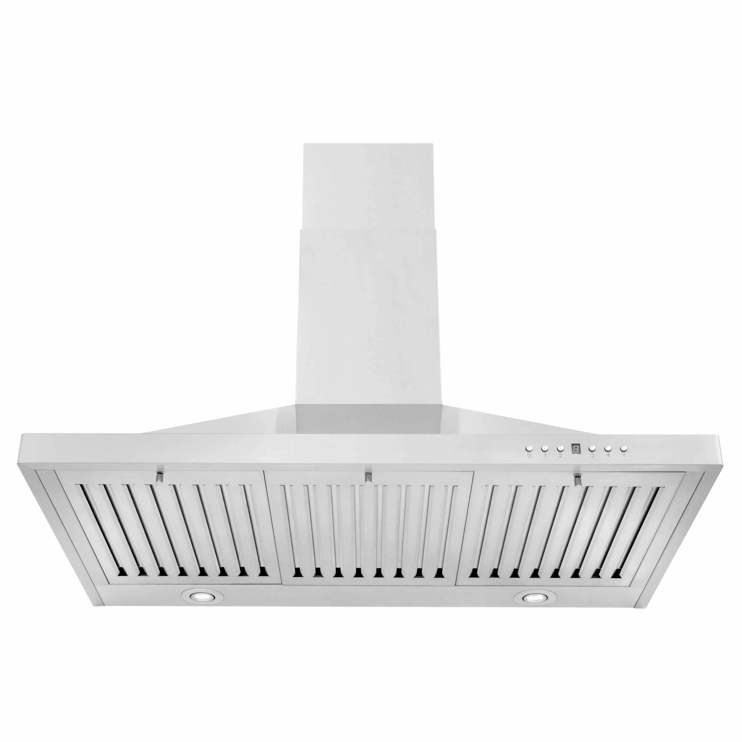 Stainless steel convertible range hood with vertical chimney and vented fan cover